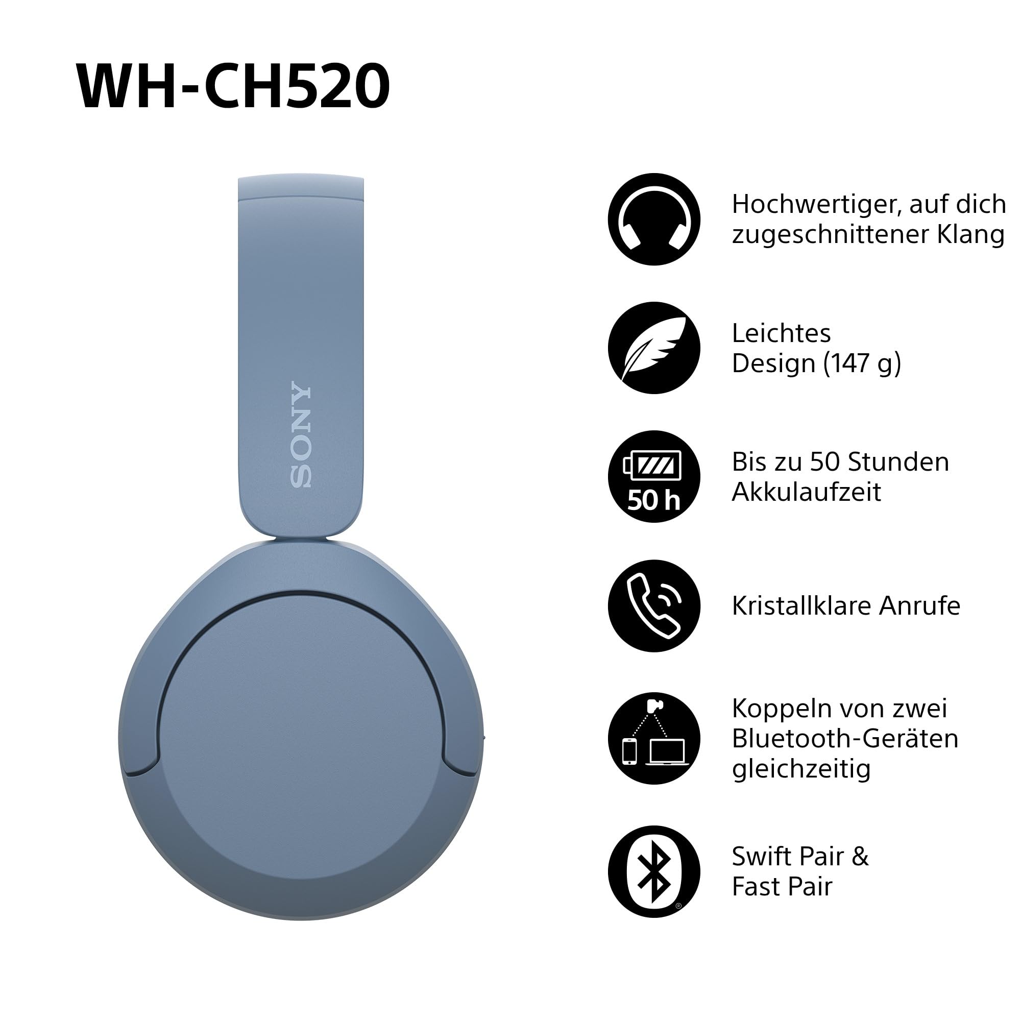 Sony WH-CH520 Kabelloser Bluetooth On Ear Kopfhörer