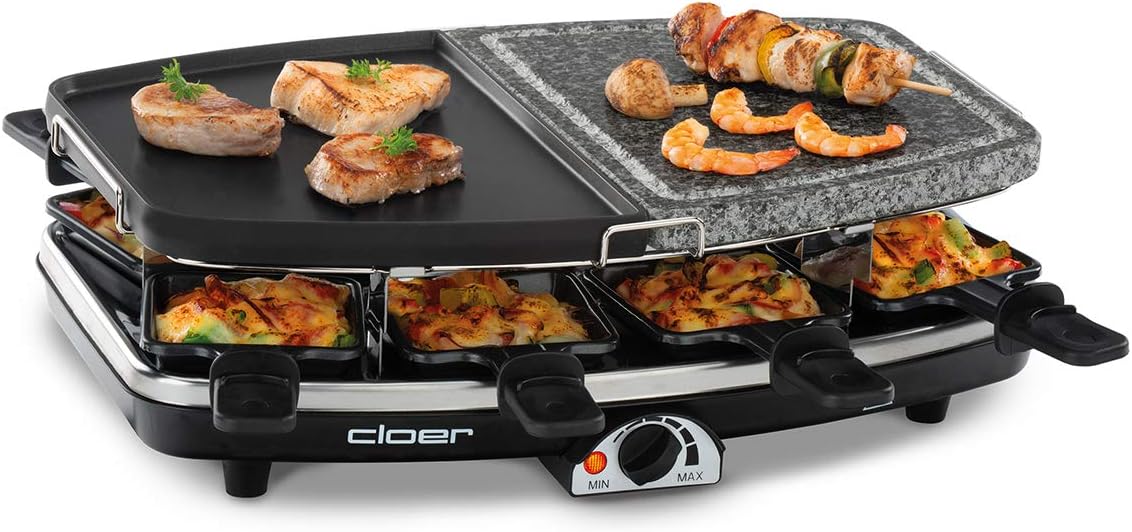 Cloer 6435 Raclette Grill mit Naturstein und 8 Raclettepfännchen