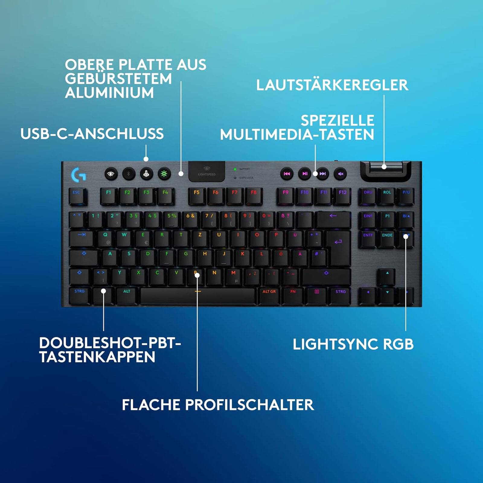 Logitech G G915 X LIGHTSPEED TKL – flache kabellose Gaming-Tastatur mit Double-Shot-PBT-Tastenkappen