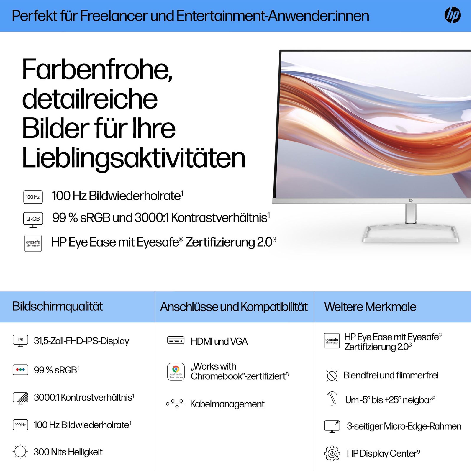 HP Monitor HP-Serie 5 - 532sf, Silber, 31,5 Zoll, Full-HD, VA, 100 Hz, 7 ms