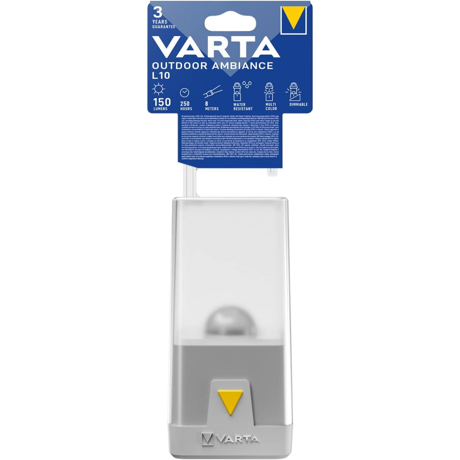 VARTA Outdoor Ambiance L10 Campingleuchte (Batteriebetrieben (3x AA), 6 verschiedene Farben, Aufhängemöglichkeiten, spritzwassergeschützt, Dimmfunktion)