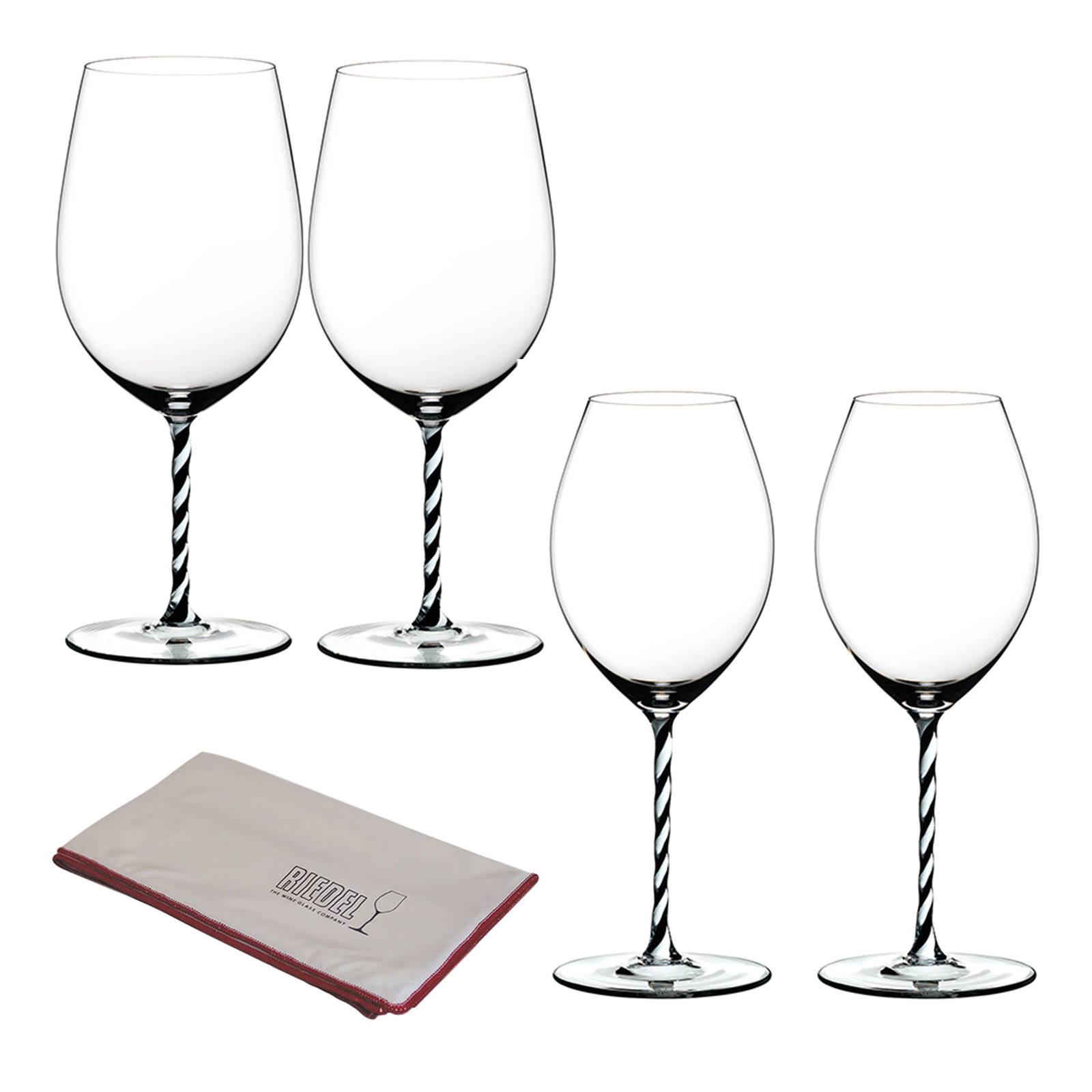 2 x Riedel Fatto A Mano Bordeaux Grand Cru Black + 2 x Riedel Fato O Mano Old World Syrah Black inkl. Riedel Microfaser Poliertuch 2 x Riedel Fatto A Mano Bordeaux Grand Cru Black + 2 x Riedel Fato O Mano Old World Syrah Black inkl. Riedel Microfaser Poliertuch
