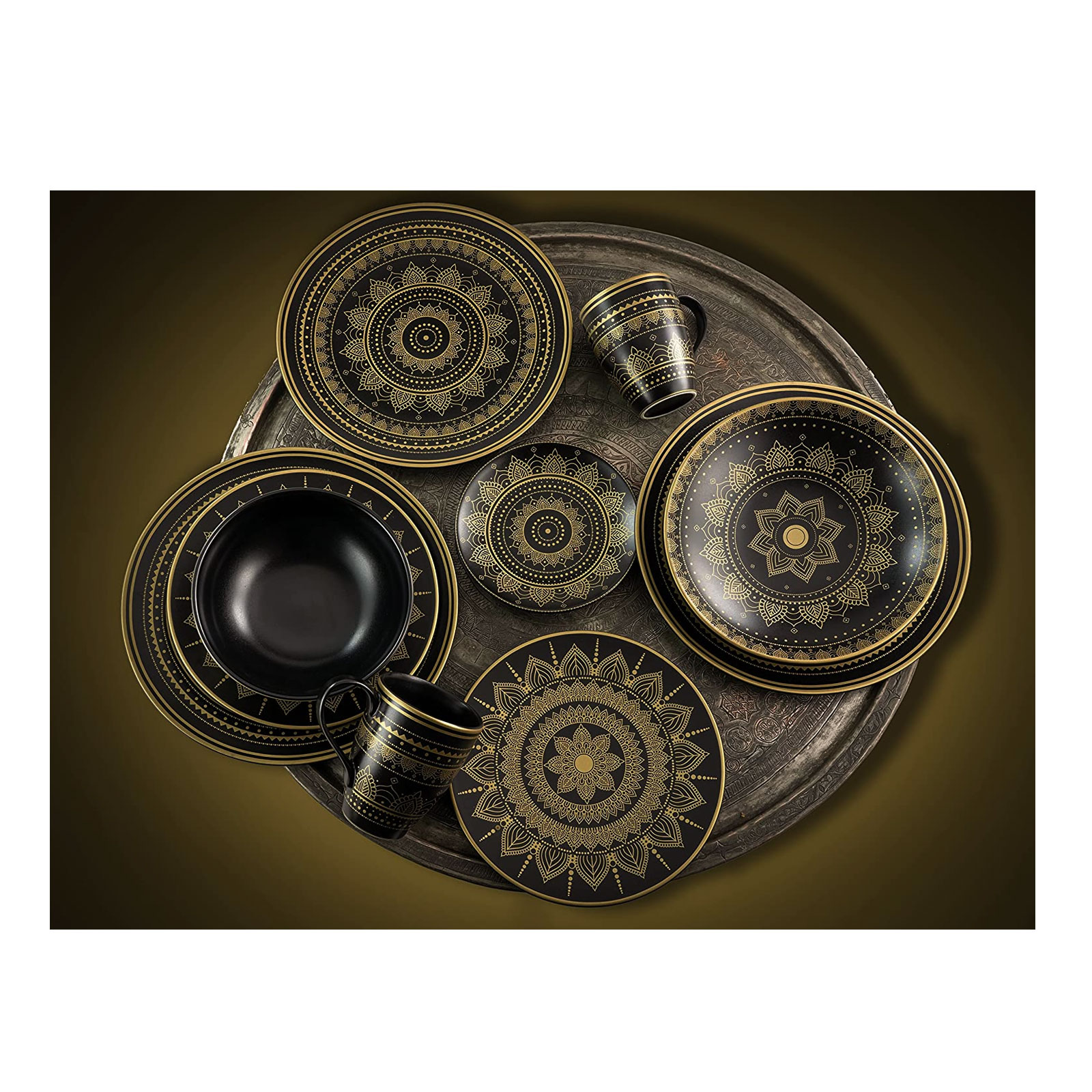 CreaTable, 23587, Serie MANDALA GOLD - schwarz, Geschirrset, Kombiservice 8 teilig