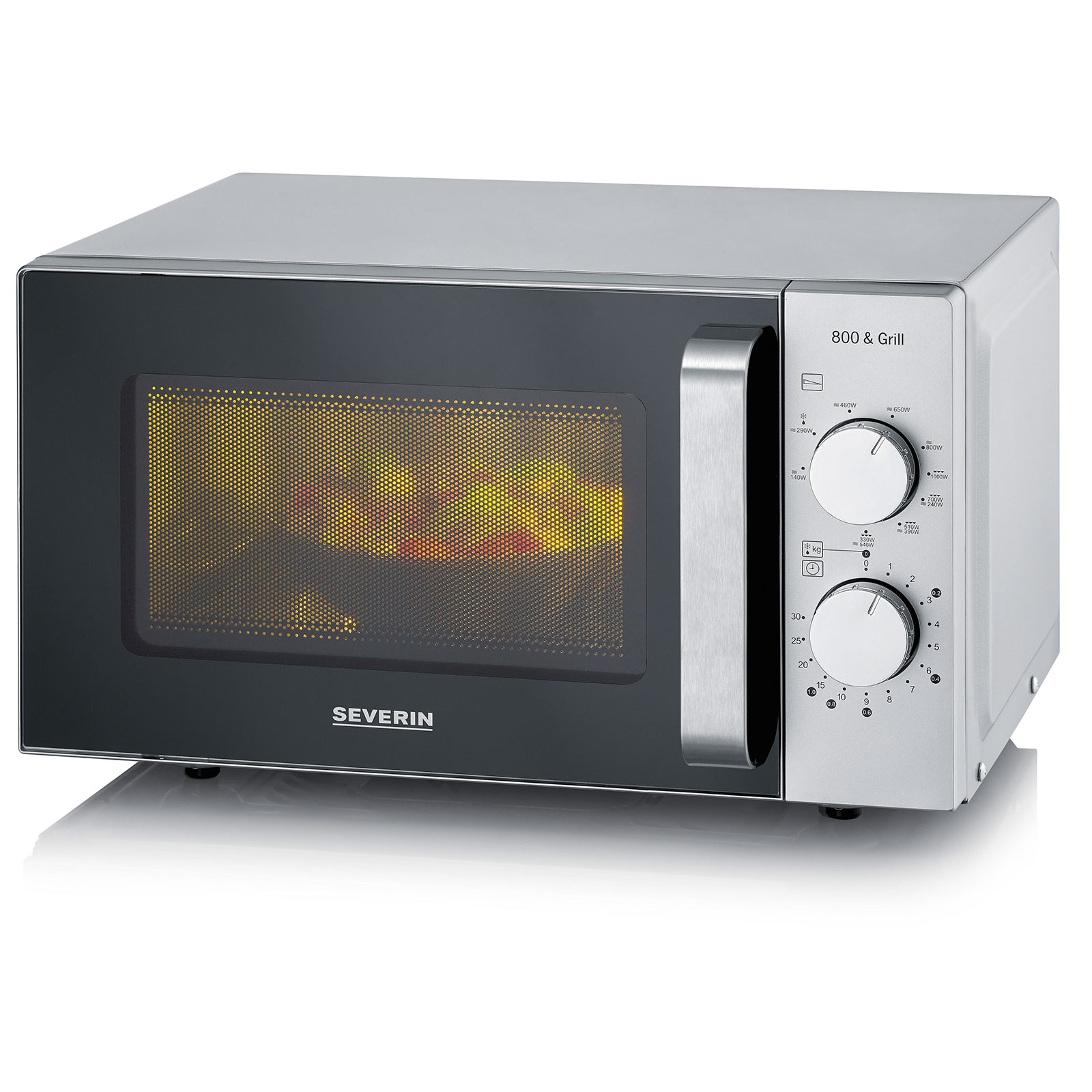 SEVERIN Mikrowelle MW 7576 Flachbett Silber (20 Liter, 800 Watt Mikrowellenleistung, Grill, 9 Leistungsstufen, 9 Programme, Drehknöpfe, Einschubrost, matt schwarz, silber)