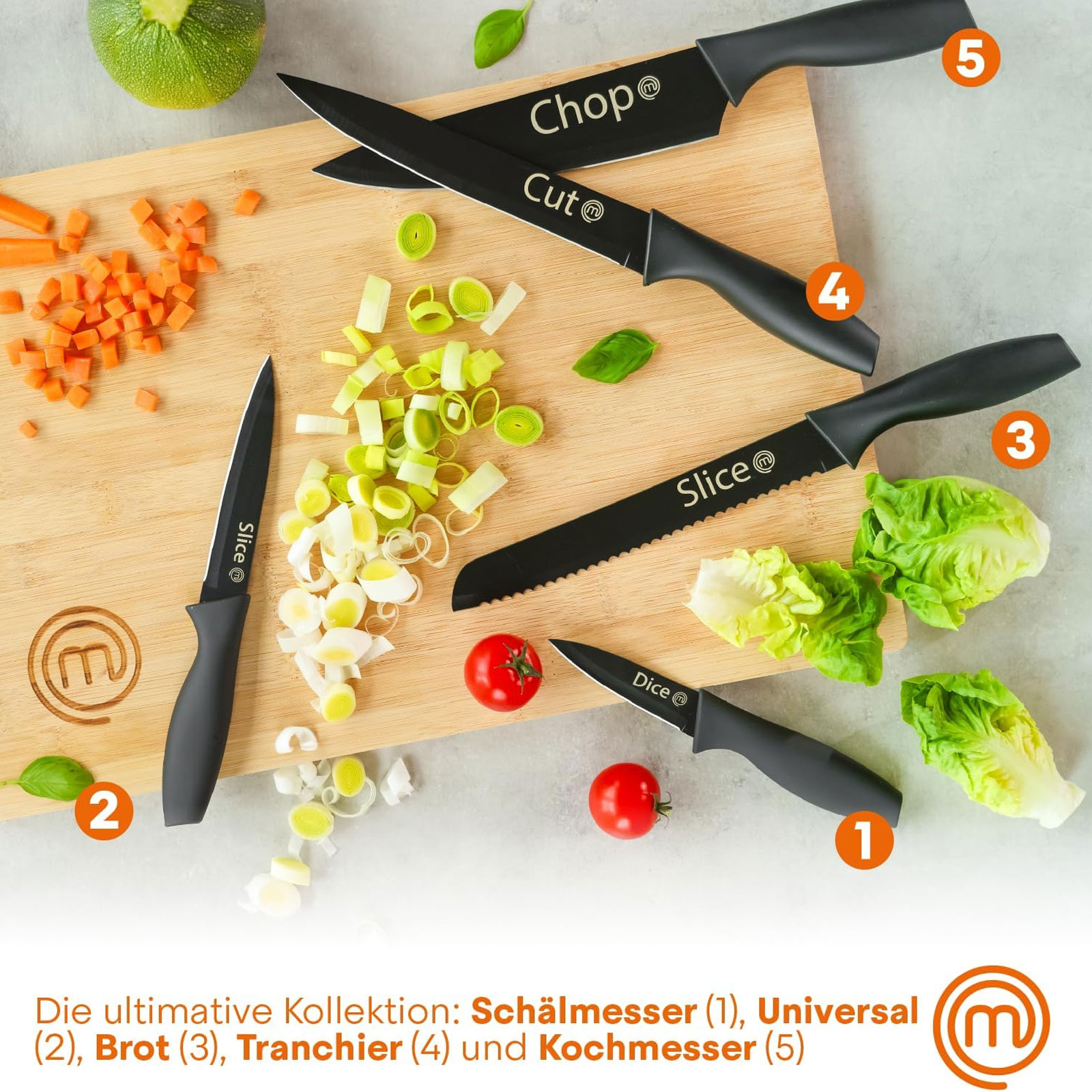 MasterChef FSC Schneidebrett + 5-teiliges Küchenmesser-Set + Küchentextilien-Set 3-teilig