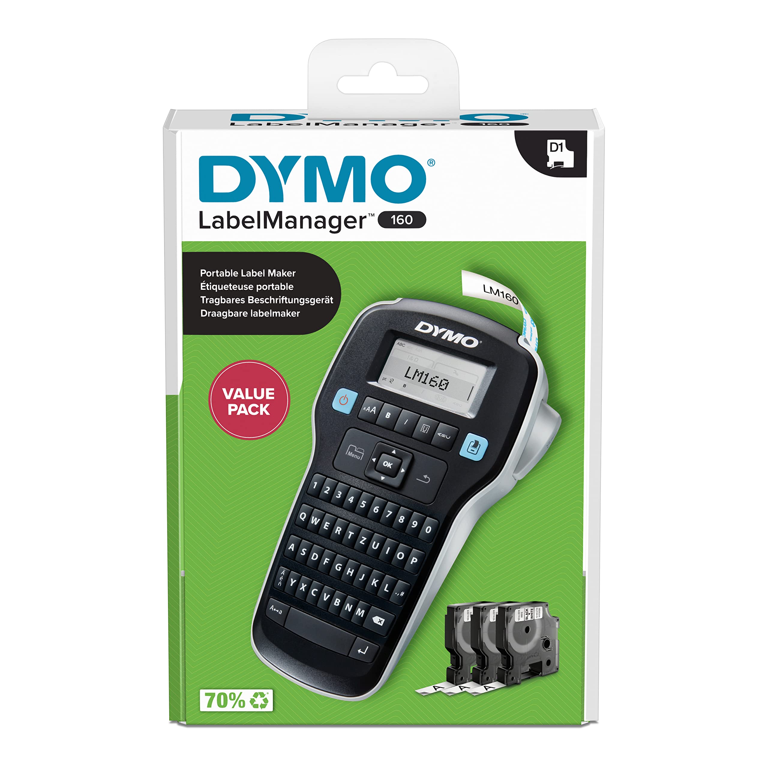 Dymo LabelManager 160 Starter Set m. 3 D1-Bänder 12mm Qwertz Beschriftungsgerät