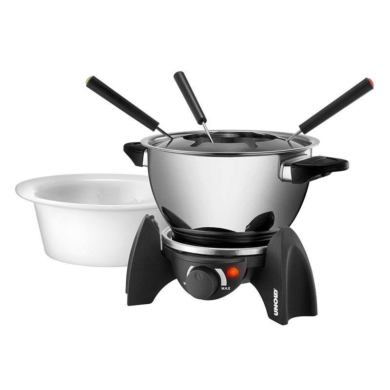 Unold 48615 FONDUE-SET Edelstahl / schwarz / Keramiktopf weiß