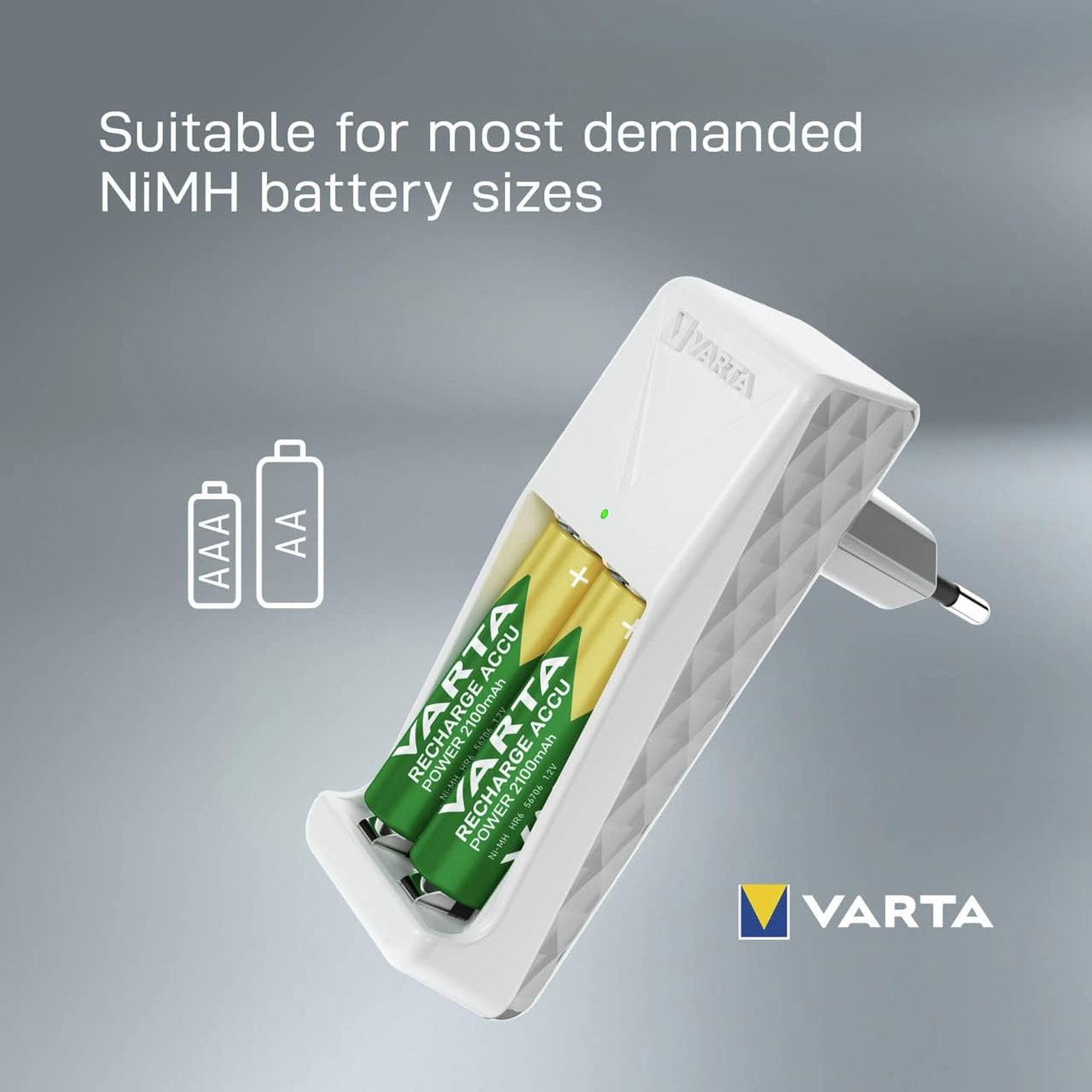 VARTA Ladegerät Mini Charger 2x AA 56706 2100mAh (4,5 h Ladezeit, lädt 2 AA oder AAA Akkus, Ladeanzeige, 2x Recharge Accu Power AA 2100 mAh)