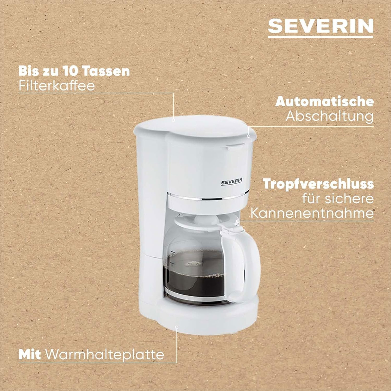 Severin KA 4323 Filterkaffeemaschine (10 Tassen, 1,25 l Wassertank, Glaskanne, Warmhalteplatte, Tropf-Stopp, automatische Abschaltung)