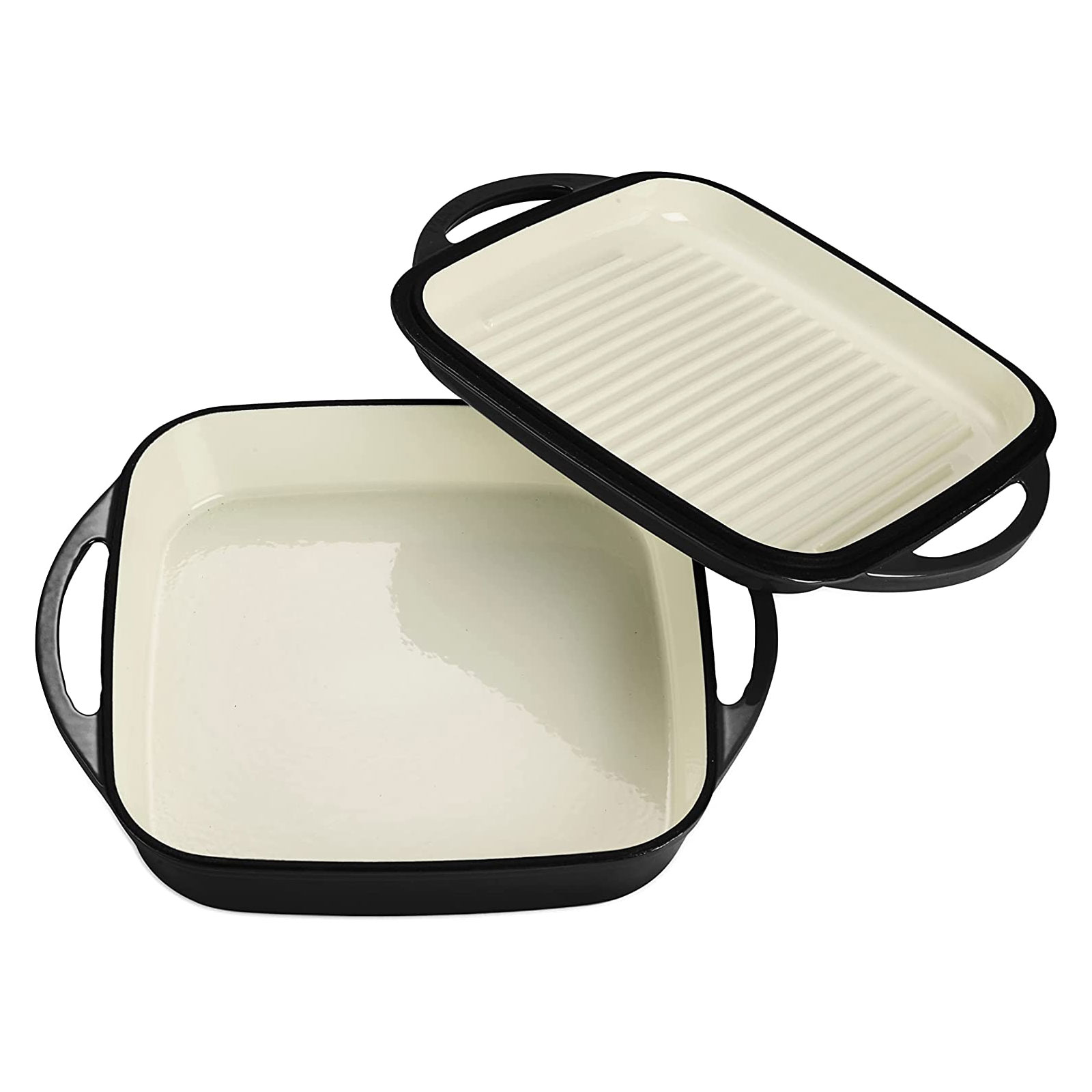 Echtwerk Universalbräter 2-in-1 Set Gusseisen Auflaufform mit Deckel Gusseisentopf Emaille-Beschichtung Backöfen Grill BBQ Induktion Grau 1,5 L