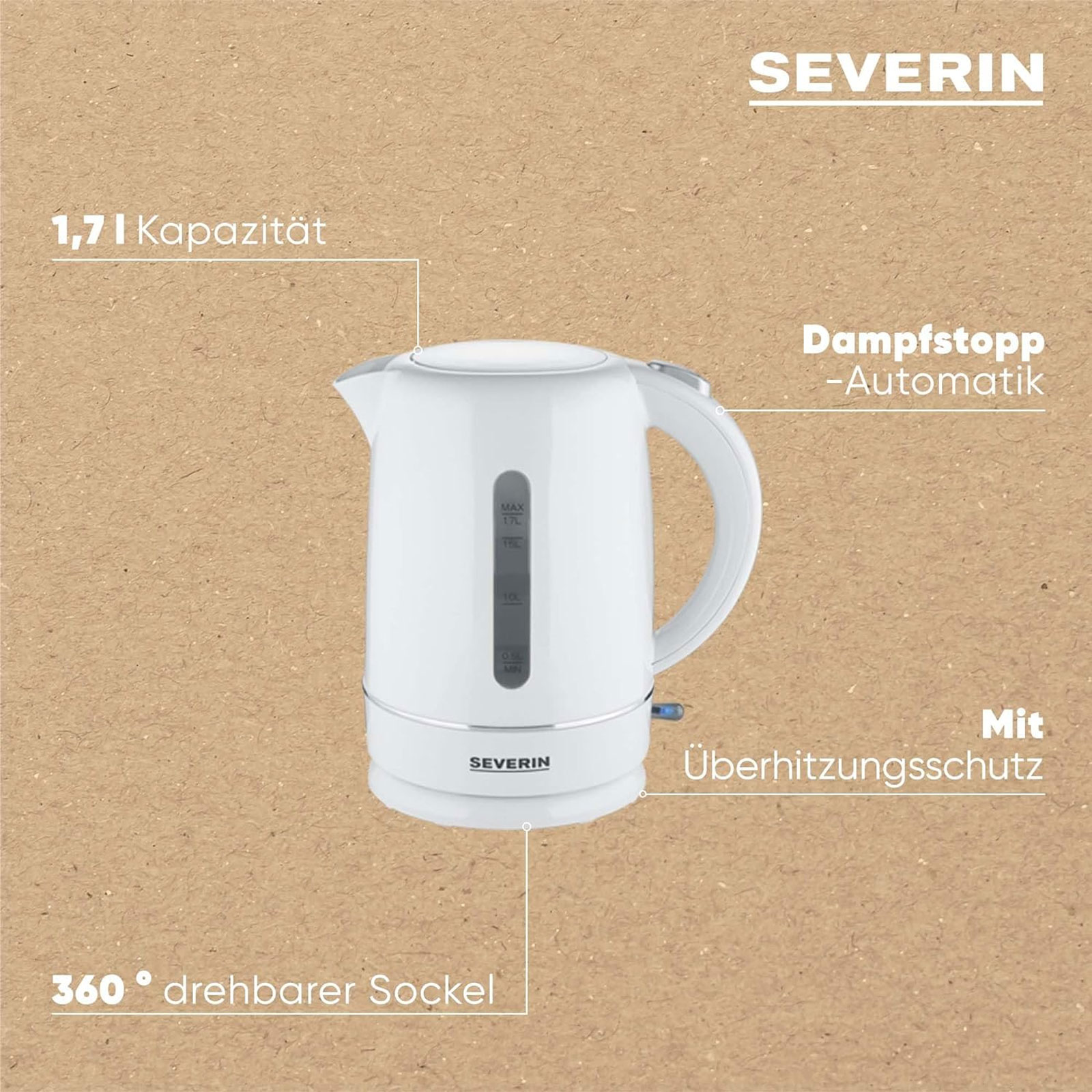 Severin WK 4325 Wasserkocher (1,7 Liter, 2200 W, Kunststoff, weiß, kabellos, Kontrollleuchte)