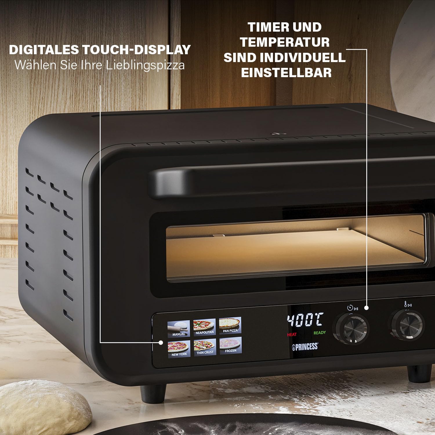 Princess Pizzaofen Pro Max, 15L, 400°C, Digitales Bedienfeld, 2100W