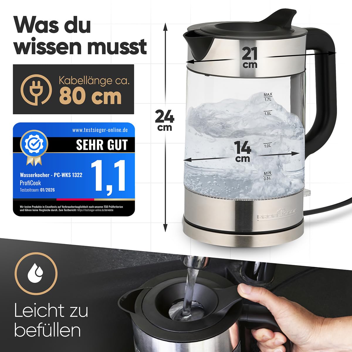 ProfiCook® Wasserkocher Glas | 1,7L | 2200W | beleuchtet | Einhandbedienung