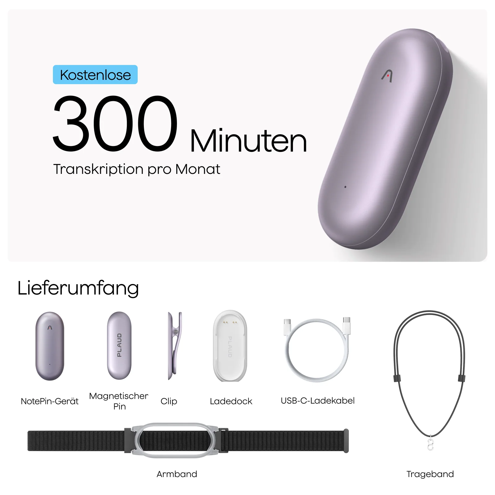 PLAUD NotePin Diktiergerät Sunset Purple Combo mit Armband und Anhänger