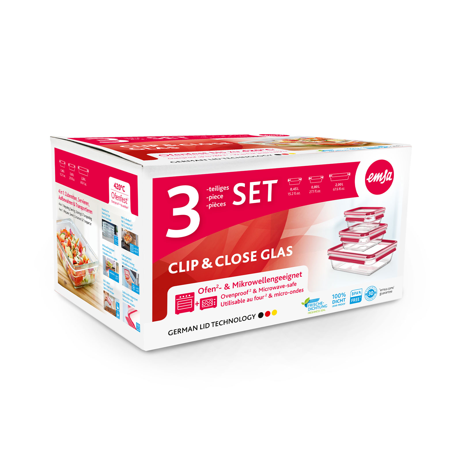 EMSA CLIP & CLOSE Glas Frischhaltedosen 3er Set, 3 x 0,45 L