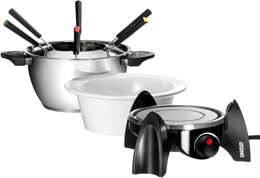 Unold 48615 Elektro Fondue Set mit Edelstahl und Keramik Topf (Fleisch/Käse/Schoko)