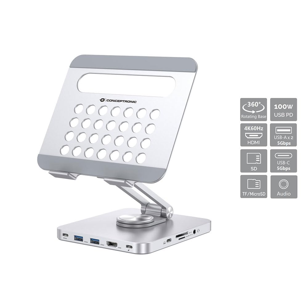 Conceptronic DONN26G Tablet-Ständer mit 8-in-1 USB 3.2 Gen 1 Dockingstation