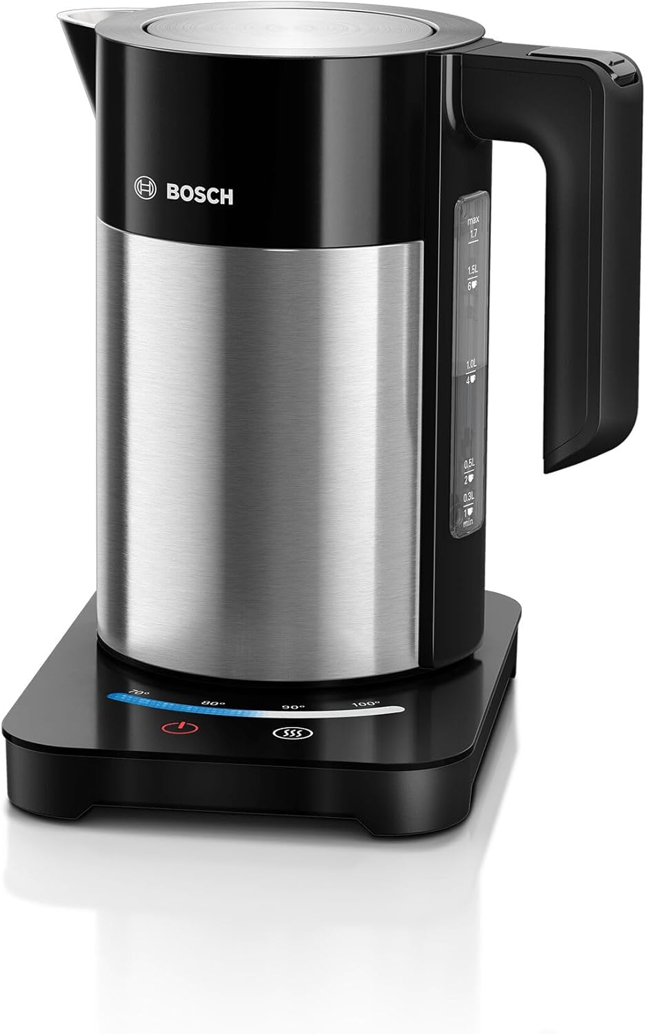 Bosch TWK7203 Wasserkocher 2200W 1,7 Liter Edelstahl/schwarz 7 Temperaturstufen