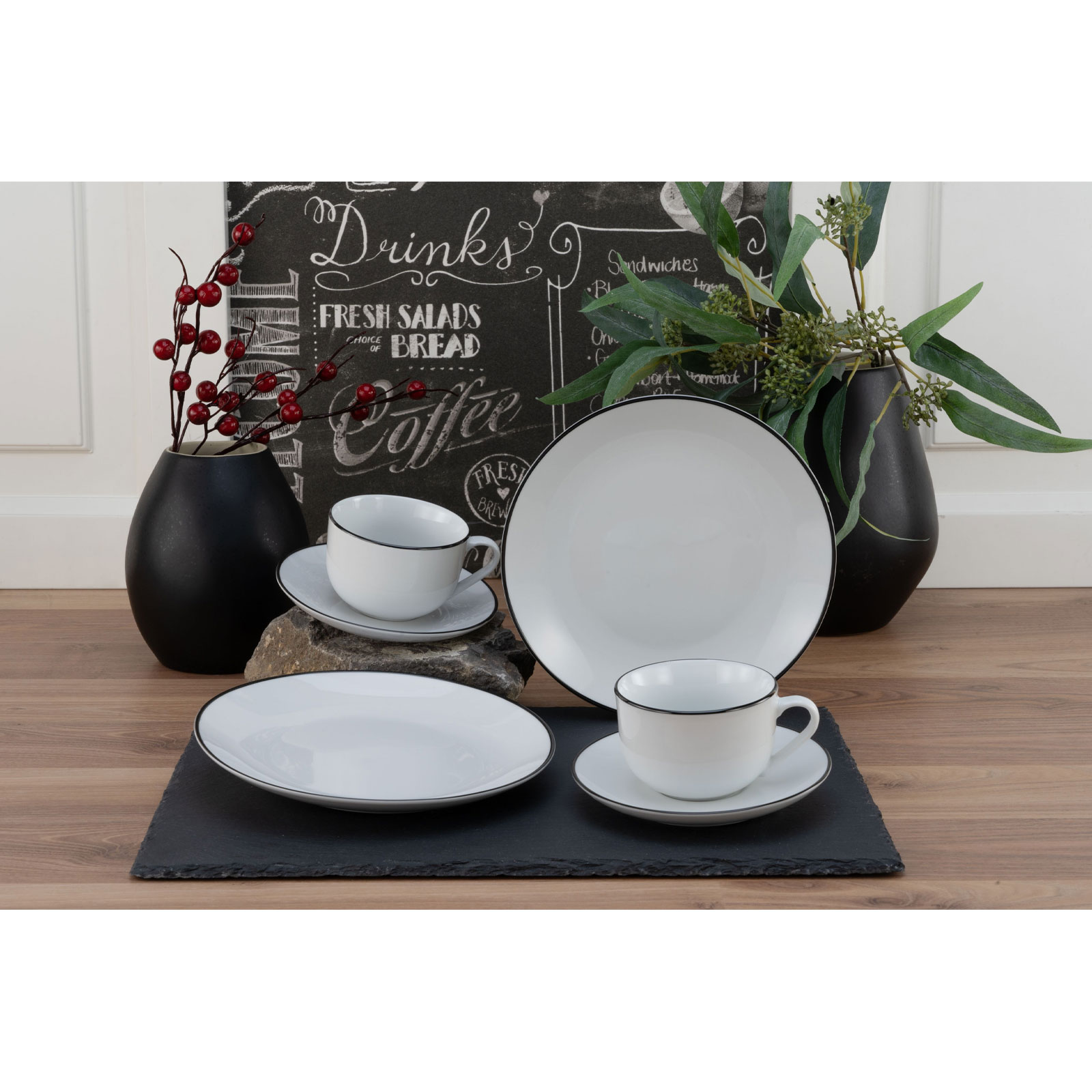 CreaTable, 13187, Serie Luna Black Line, Geschirrset, Kaffeeservice 18 teilig