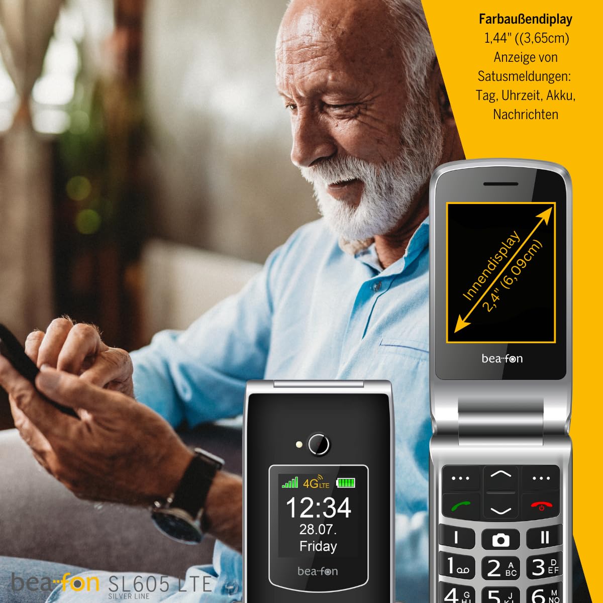 Beafon, SL605 LTE 4G, Silverline, Klapphandy, Seniorenhandy mit Notrutaste