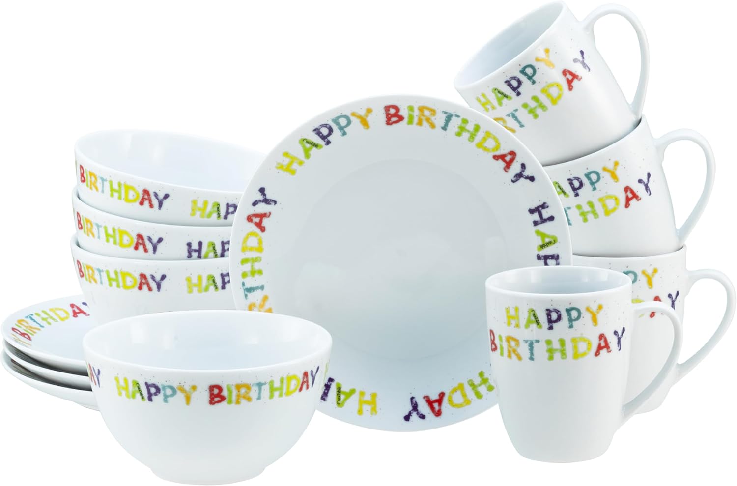CreaTable, 24170 Serie Happy Birthday, 12-teiliges Geschirrset Frühstücksset aus Porzellan