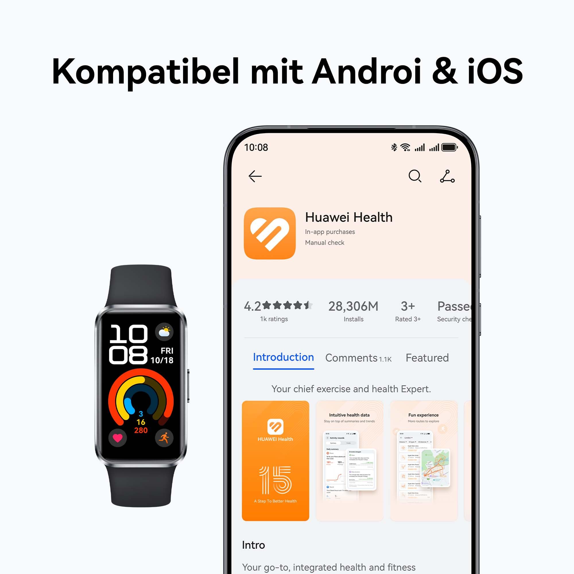 HUAWEI Band 10, Schlankes Gehäuse aus Aluminiumlegierung, Tragekomfortarmband
