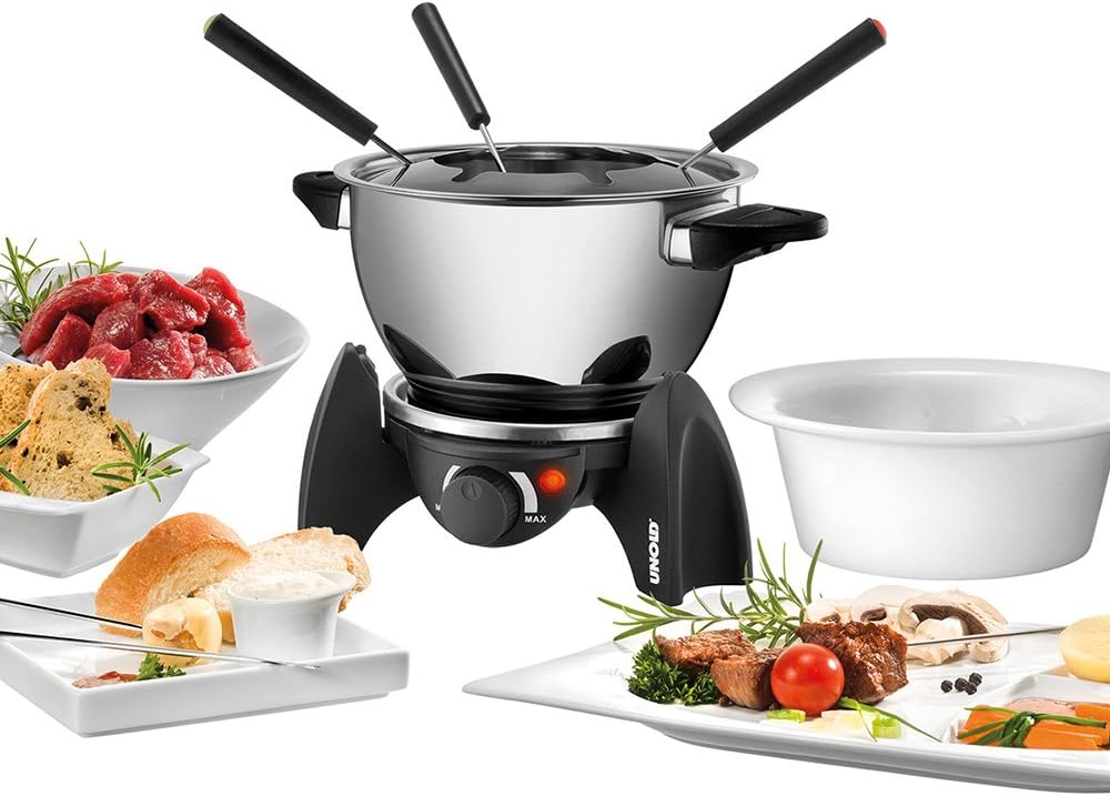 Unold 48615 Elektro Fondue Set mit Edelstahl und Keramik Topf (Fleisch/Käse/Schoko)