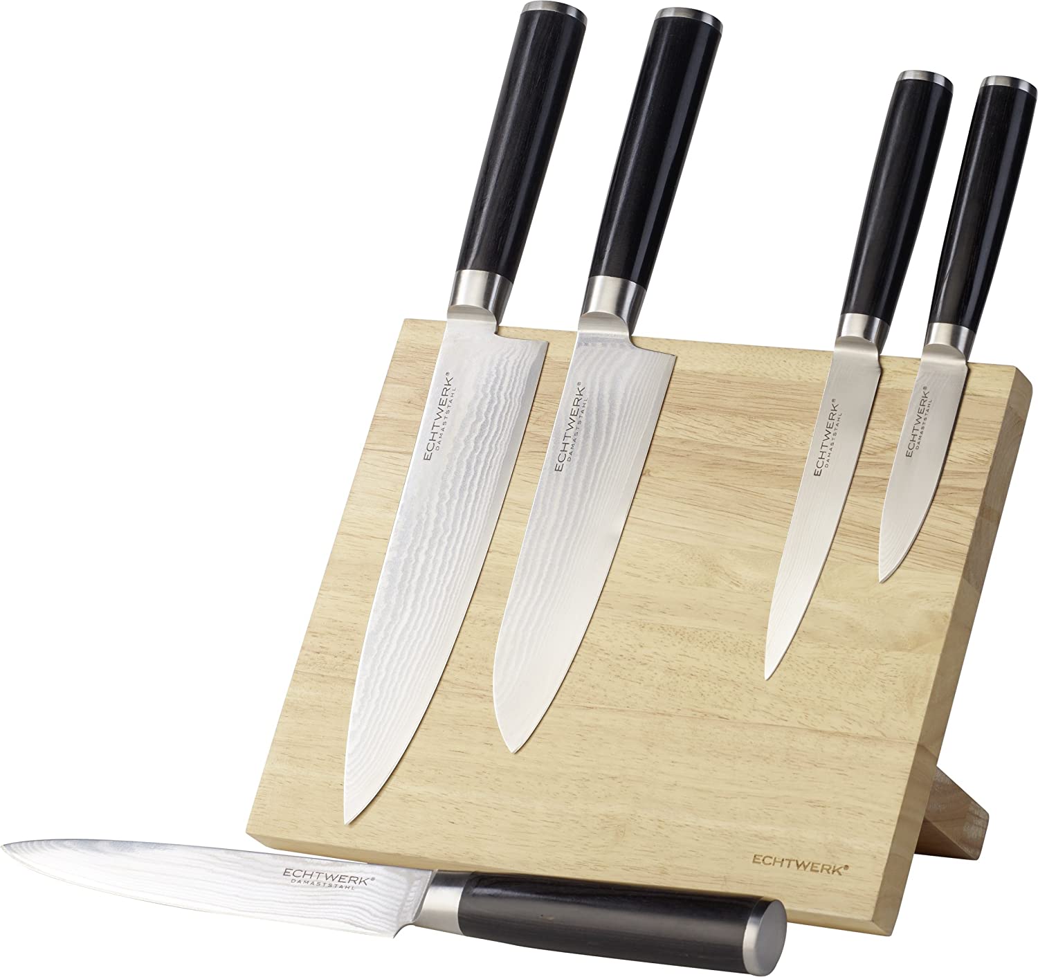 Echtwerk Damastmesser Set 6tlg. Inkl. Magnet‐Messerblock aus Holz