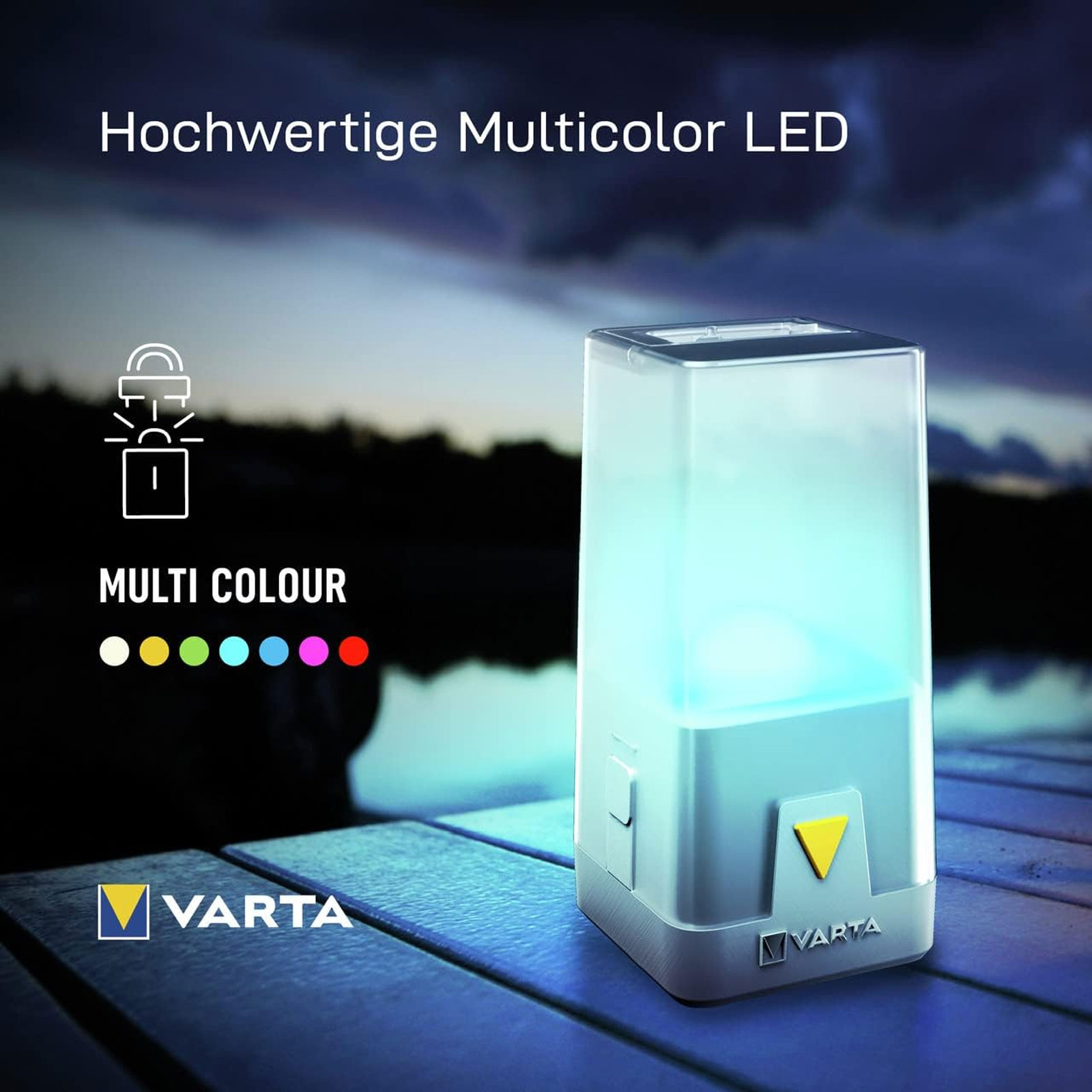 VARTA Outdoor Ambiance L10 Campingleuchte (Batteriebetrieben (3x AA), 6 verschiedene Farben, Aufhängemöglichkeiten, spritzwassergeschützt, Dimmfunktion)