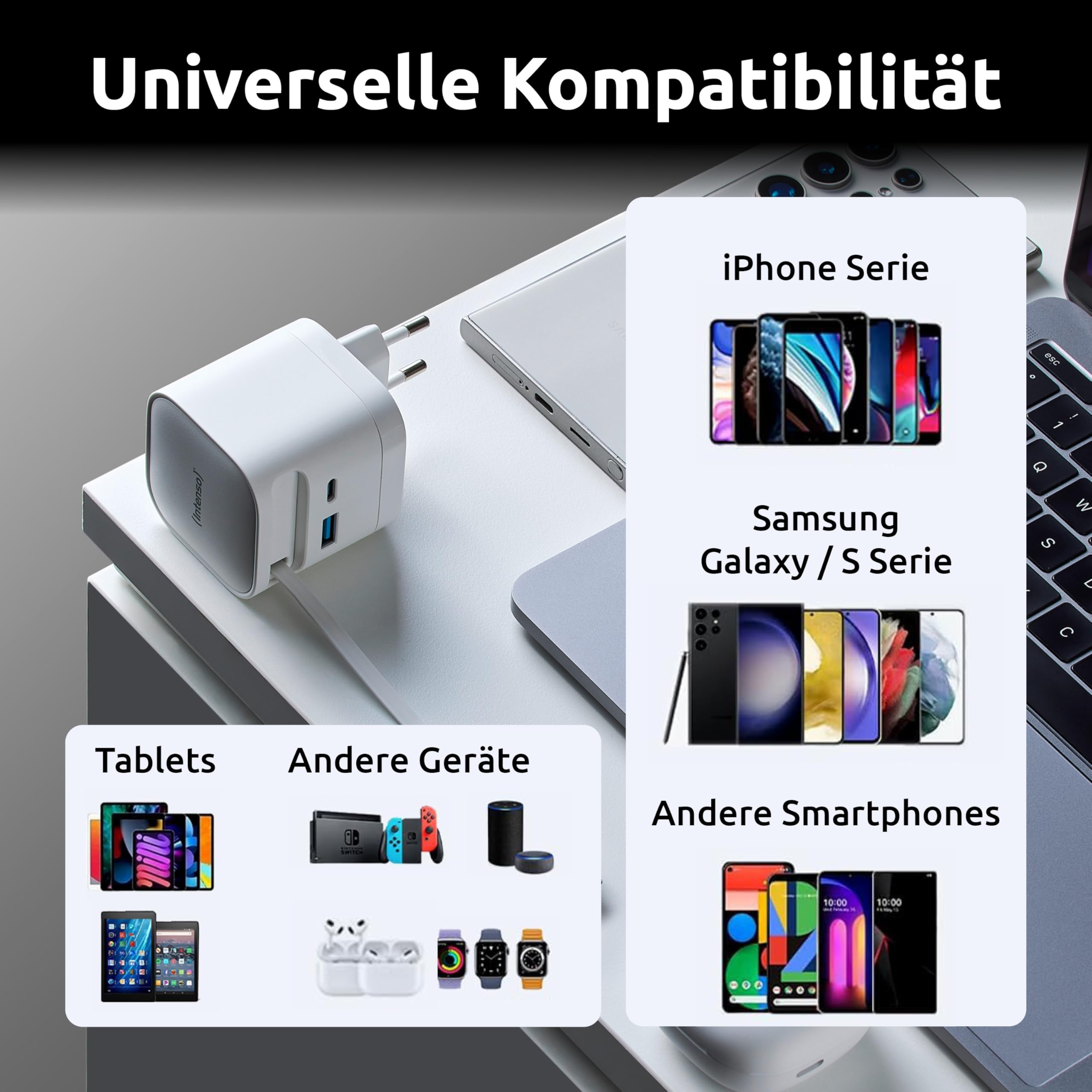Intenso Power Adapter W65ACIC - 65W USB-C GaN Ladegerät mit ausziehbarem Kabel