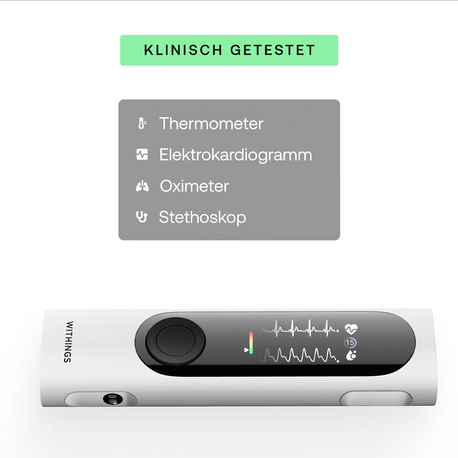 Withings BeamO 4-in-1 Gesundheits-MultiScan Fieberthermometer (EKG, kontaktloses Thermometer, Oximeter, Stethoskop, USB-C, Withings App)