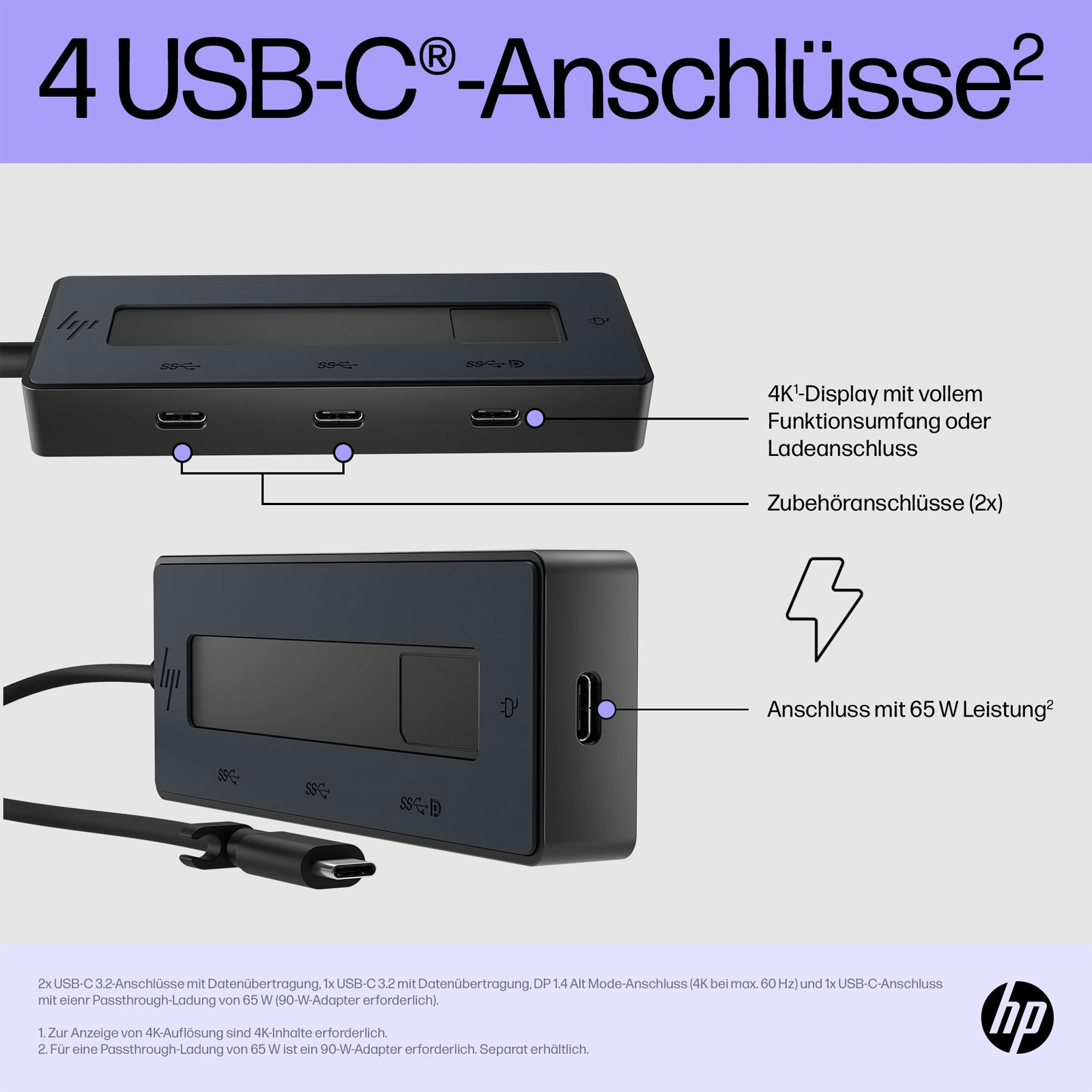 HP Universal USB-C Multiport-Hub, Schwarz (4x USB-C, 10 Gbit/s, 65 W, 4K, 6G842AA#ABB)