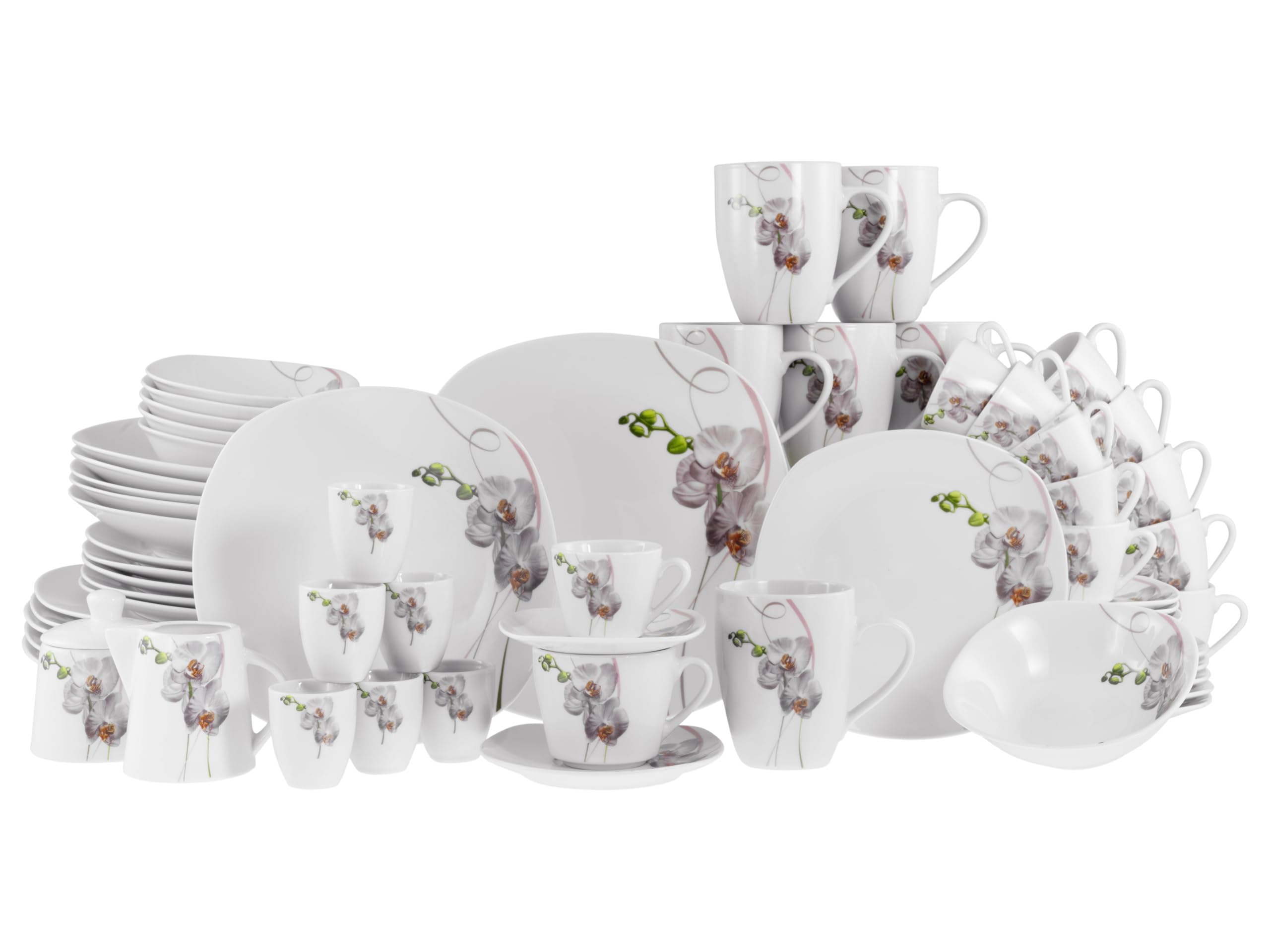 CreaTable, 22536, Serie Square Orchidee, 62-teiliges Geschirrset für 6 Personen