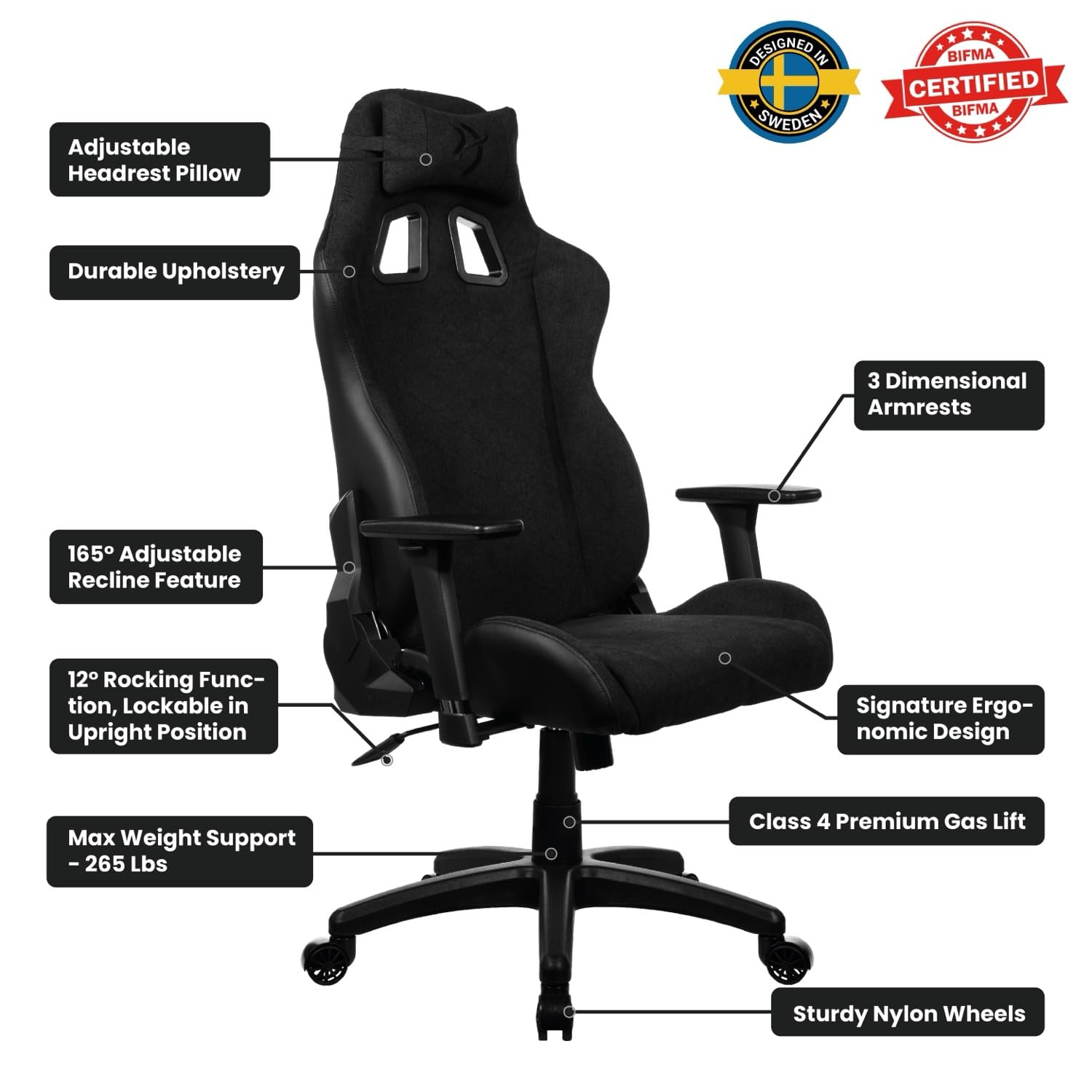 Arozzi Avanti Soft Fabric Gaming-Stuhl, Pure Black