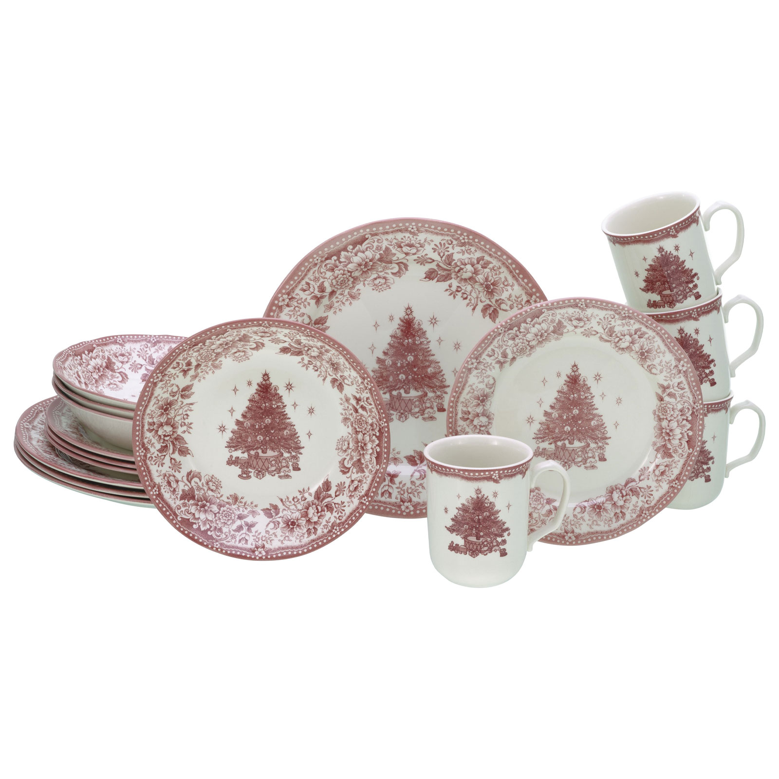 CreaTable, 17049, Serie Tannenbaum Rot, 12-teiliges Geschirrset, Teller Set aus Steingut