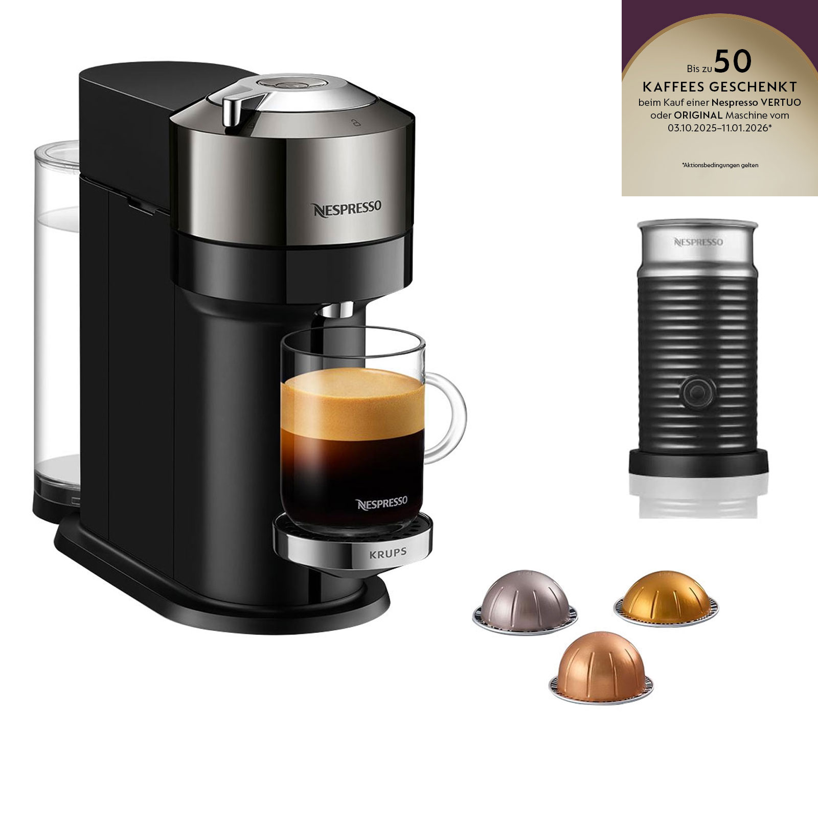 Krups XN 910C Nespresso Vertuo Next Dark Chrome + Nespresso Aeroccino 3 Milchaufschäumer