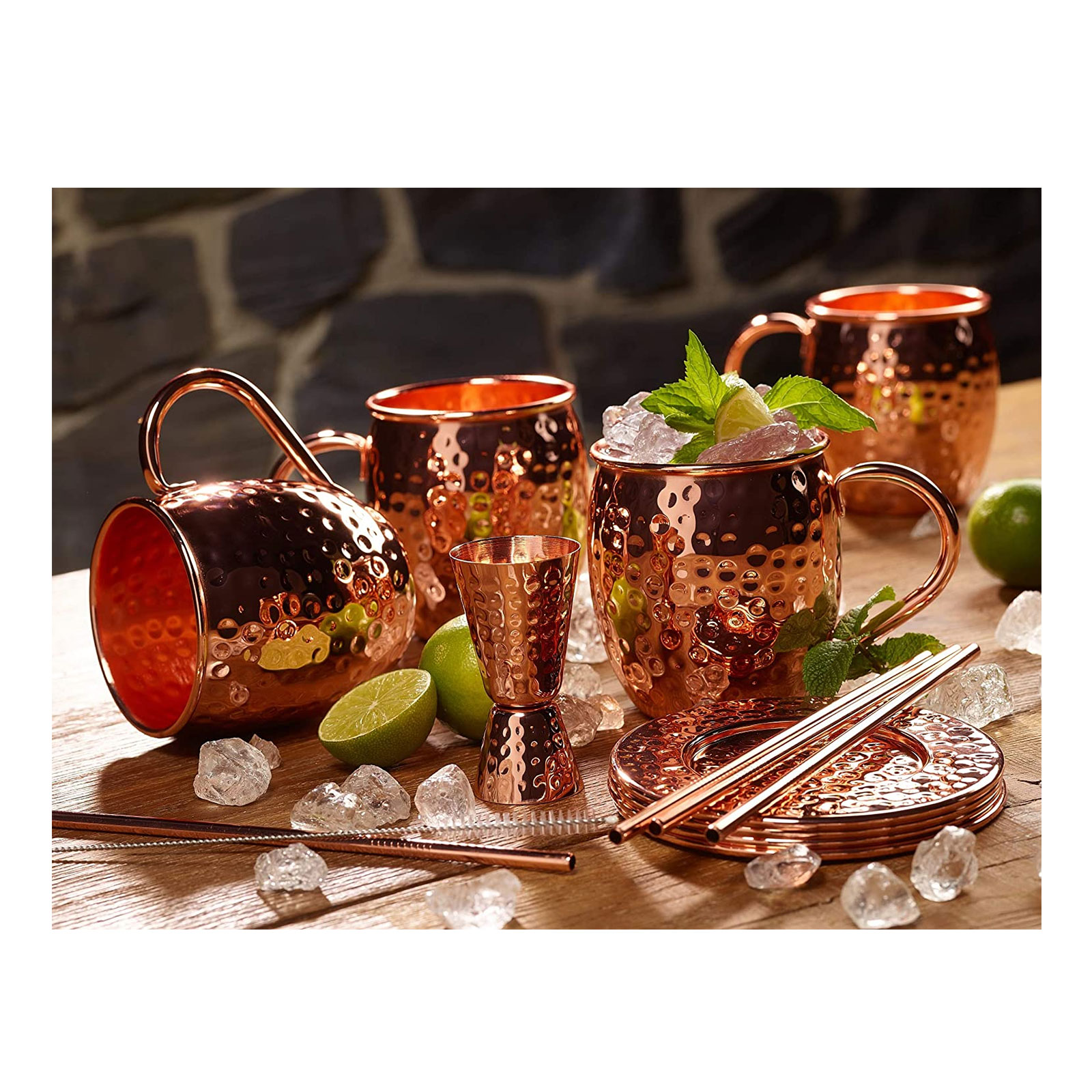 ECHTWERK Aperol Mule Kupferbecher 13er Set gefertigt aus Edelstahl im Hammerschlag-Look bestehend aus 4x Kupferbecher 500ml, 4x Untersetzer, 4x Strohhalm und 1x Messbecher 2cl/4cl