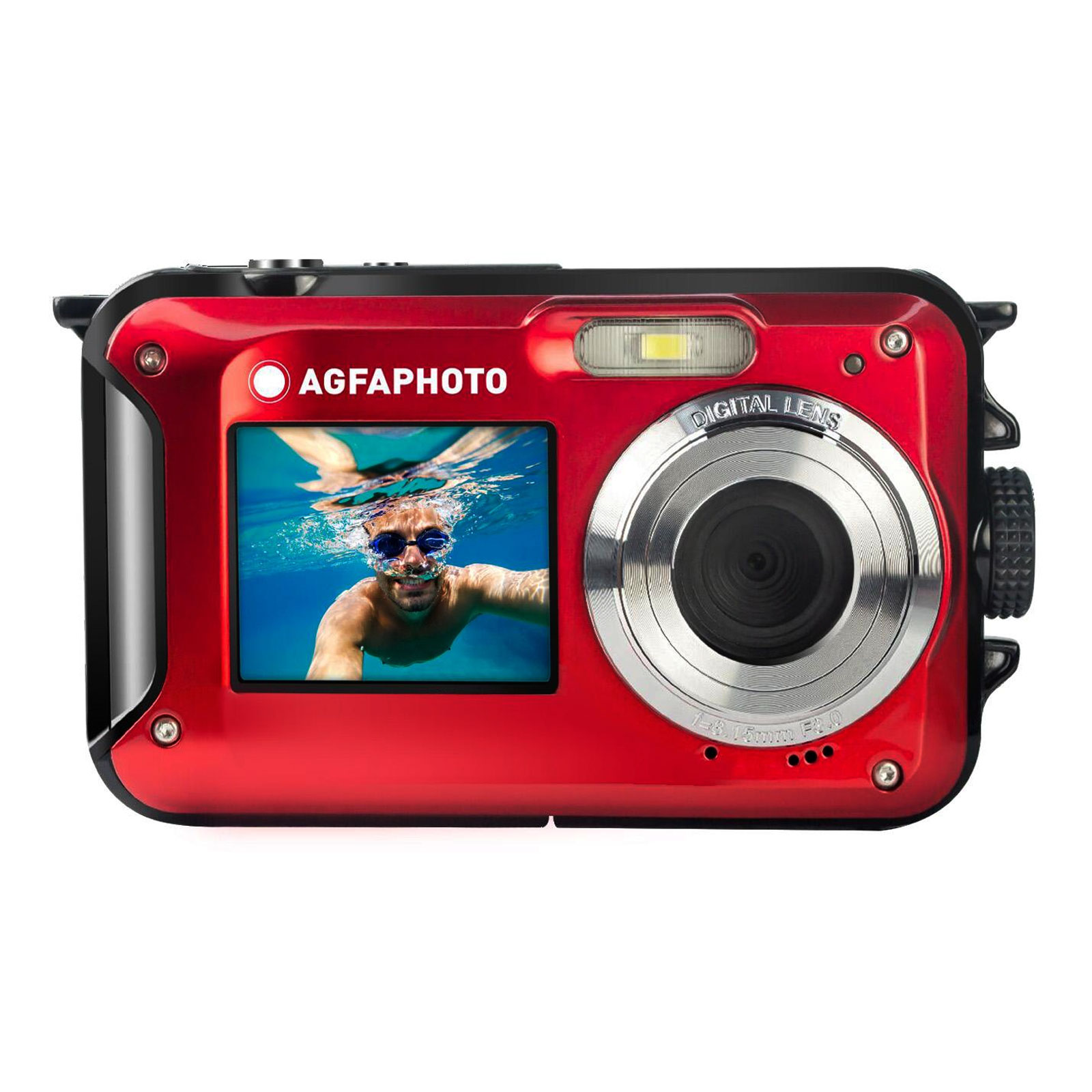 AGFAPhoto Kompaktkamera WP8000 rot Kit mit Schwimmgriff und zweitem Akku (Wasserdicht bis zu 3m, 24 MP, Full HD)
