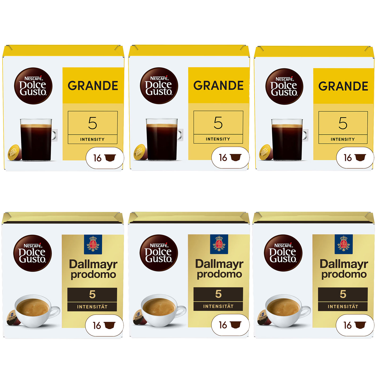 NESCAFÉ DOLCE GUSTO Topseller 6er Pack, Grande (3x16 Kapseln) + Dallmayr prodomo (3x16 Kapseln)

