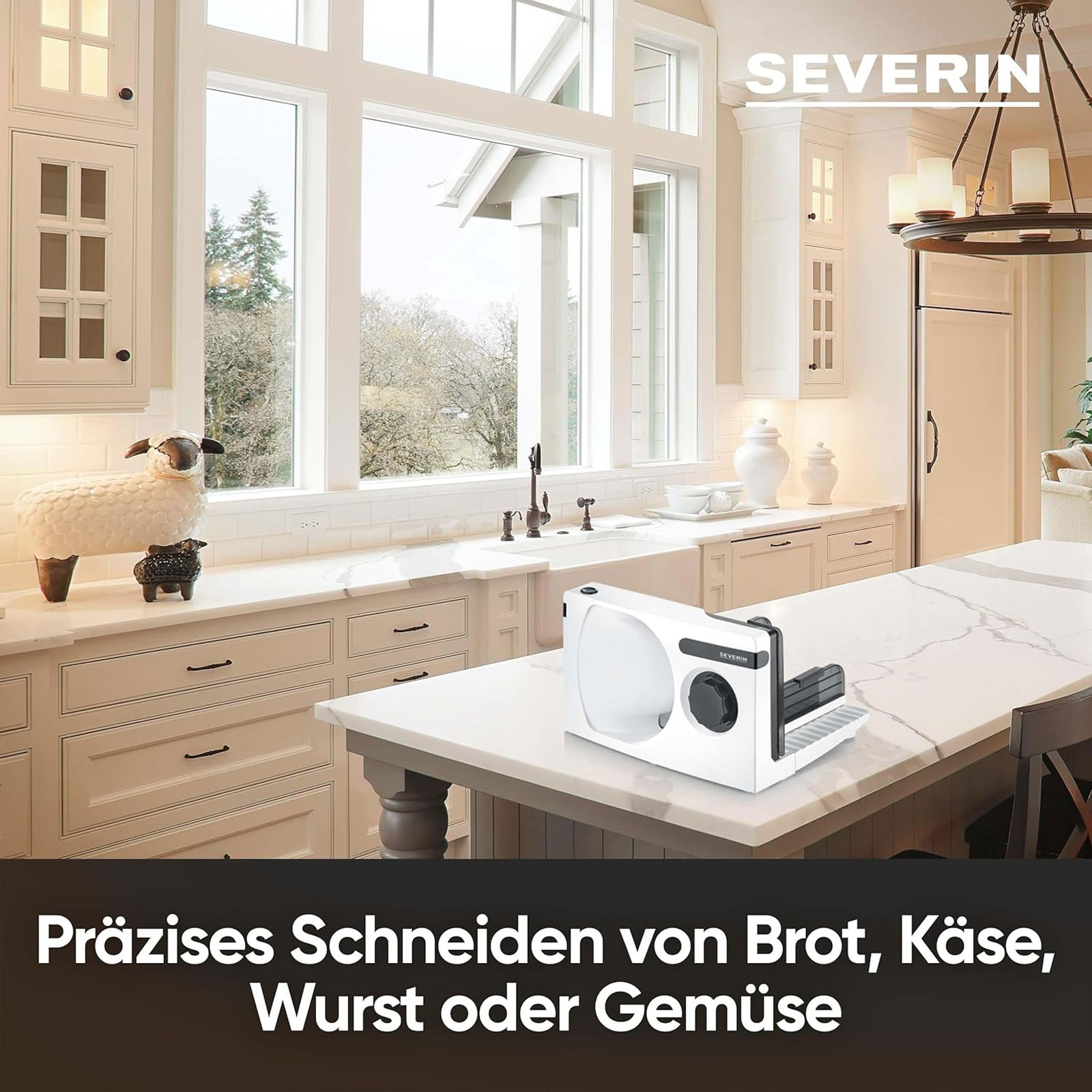 SEVERIN Allesschneider AS 3912 (100 W, Rundmesser von RSG Solingen aus Edelstahl, herausnehmbar, Schnittstärke von 0 bis 15 mm, zusammenklappbare Grundplatte, Kabelaufwicklung, Weiß/Schwarz)