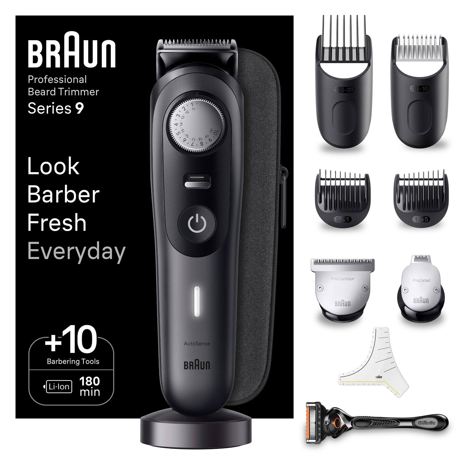 BRAUN Barttrimmer BT9421 (Akkubetrieb, lebenslang schärfste Pro-Klinge, AutoSense-Technologie, 40 Längeneinstellungen, präzise 0,5 mm-Schritte mit dem Präzisionsrad, Premium Barber Tools, Pro-Klinge-Trimmeraufsatz, Detail-Pro-Trimmerkopf, K