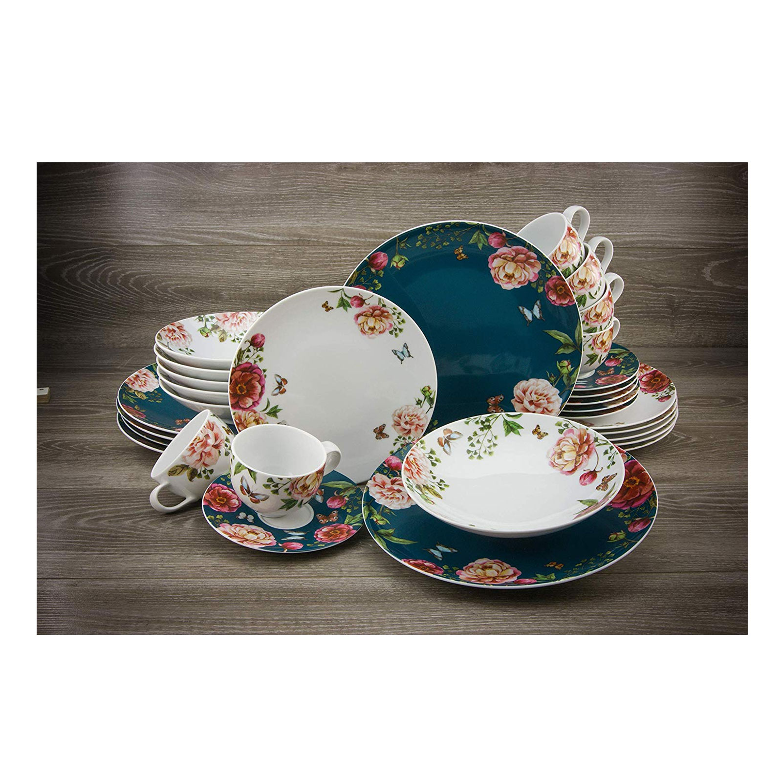 CreaTable, 22221, Serie Enjoy ROSES - Petrol + weiss, Geschirrset, Kombiservice 30 teilig