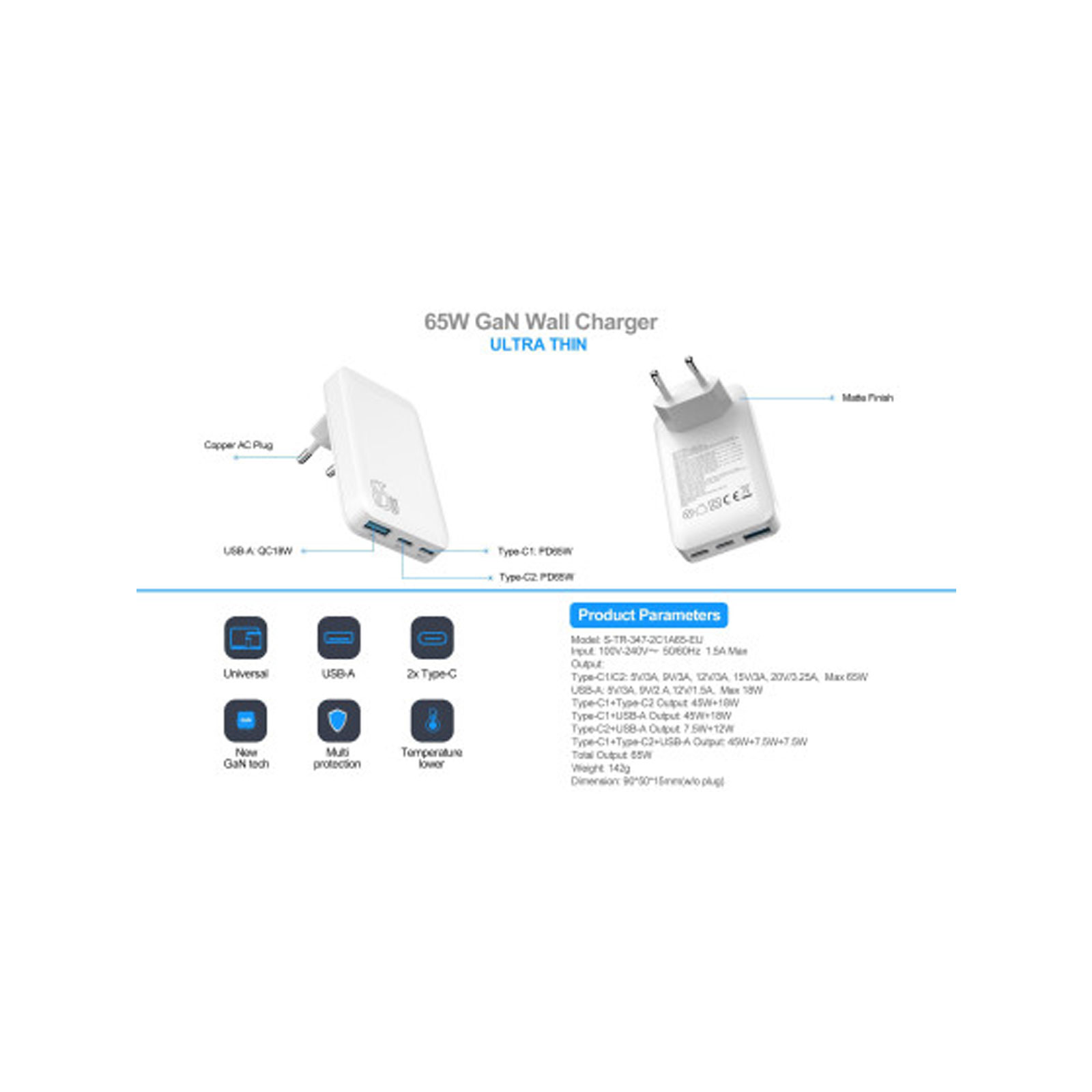 Felixx 65W GaN PD Reiselader Slim, USB-A + 2 USB-C Anschlüsse, weiß, inklusive 100W PD USB-C Kabel