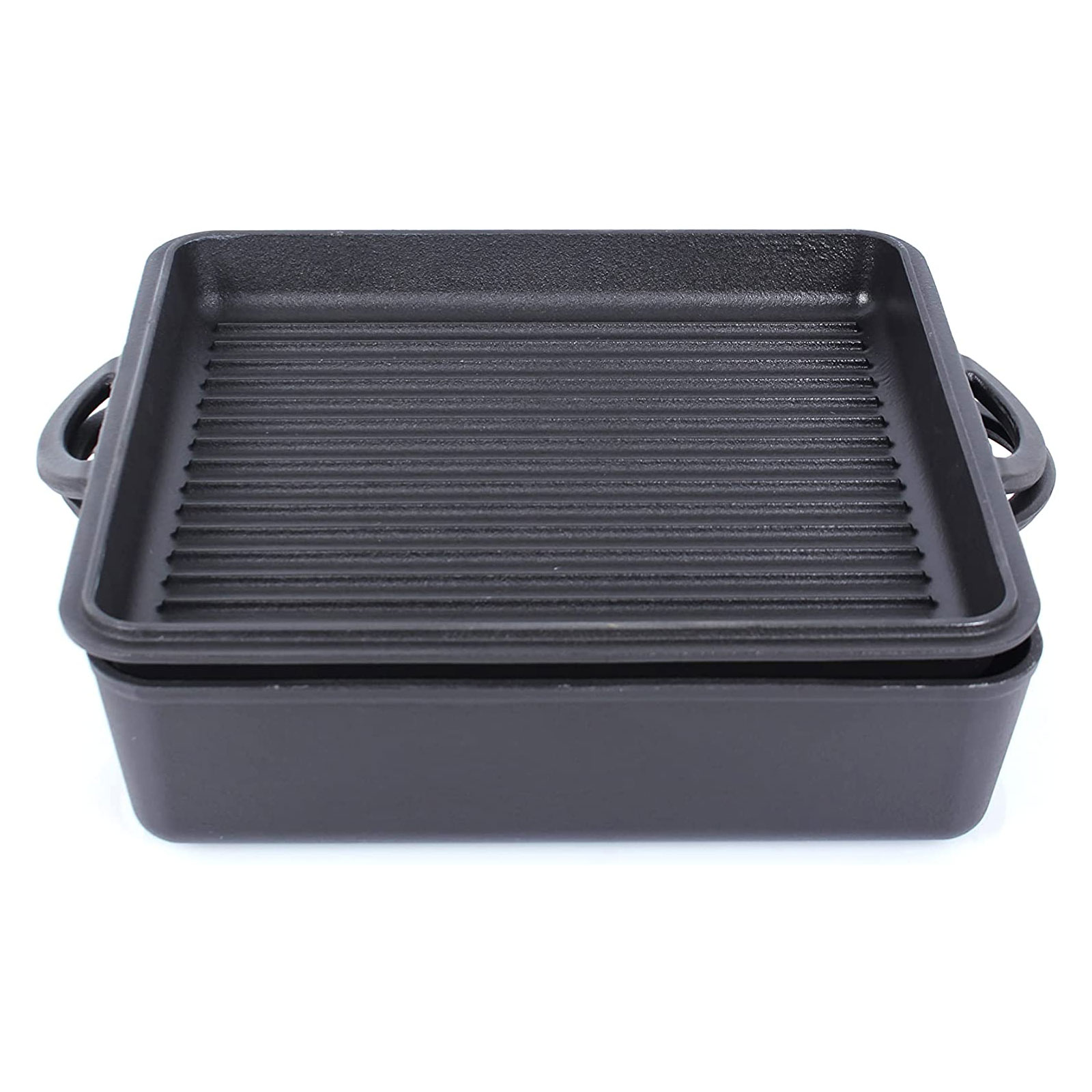 Echtwerk Universalbräter Gusseisen 2-in-1 Set Kastenform mit Deckel Kochtopf  Rechteckige Auflaufform Feuertopf ohne Füße, 6,5 L