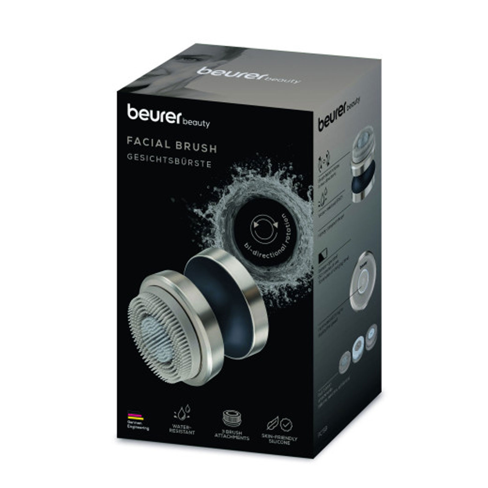 BEURER FC 59 Premium Gesichtsbürste (Akkubetrieb, Bi-direktionale Rotation, 2 Geschwindigkeitsstufen, Wasserdicht (IPX7), Abschaltautomatik, 70 Minuten Ladezeit, 50 Minuten Laufzeit, inkl. 3 Bürstenaufsätze, USB-C Kabel)