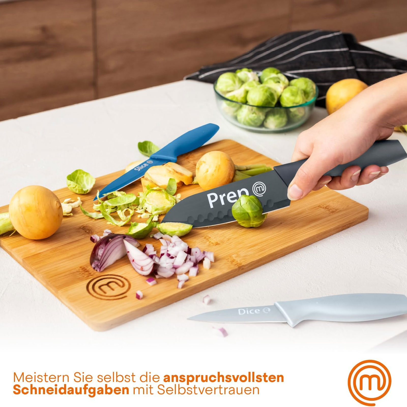 MasterChef FSC Schneidebrett + 3-teiliges Küchenmesser-Set + Küchentextilien-Set 3-teilig