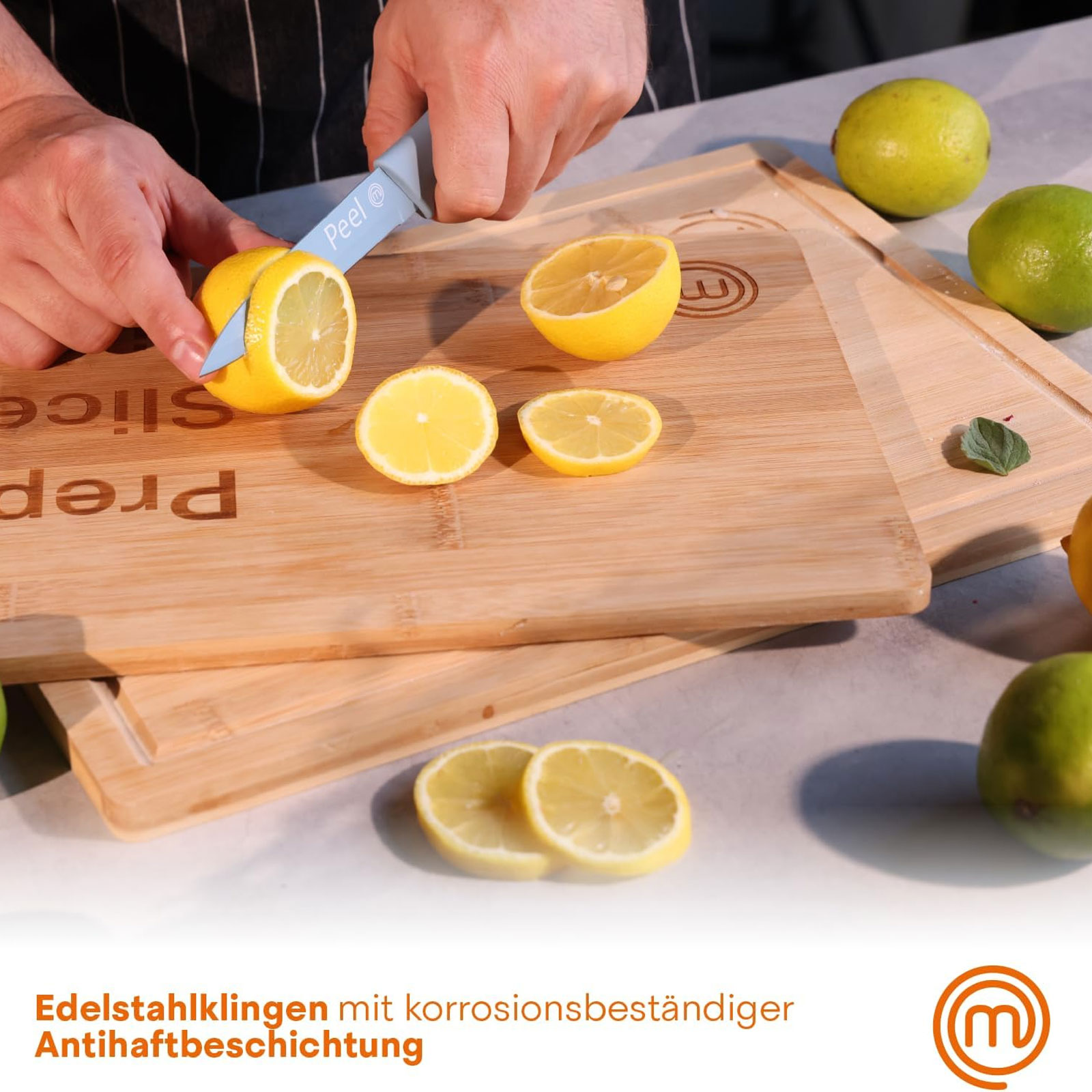 MasterChef FSC Schneidebrett + 5-teiliges Küchenmesser-Set + Küchentextilien-Set 3-teilig