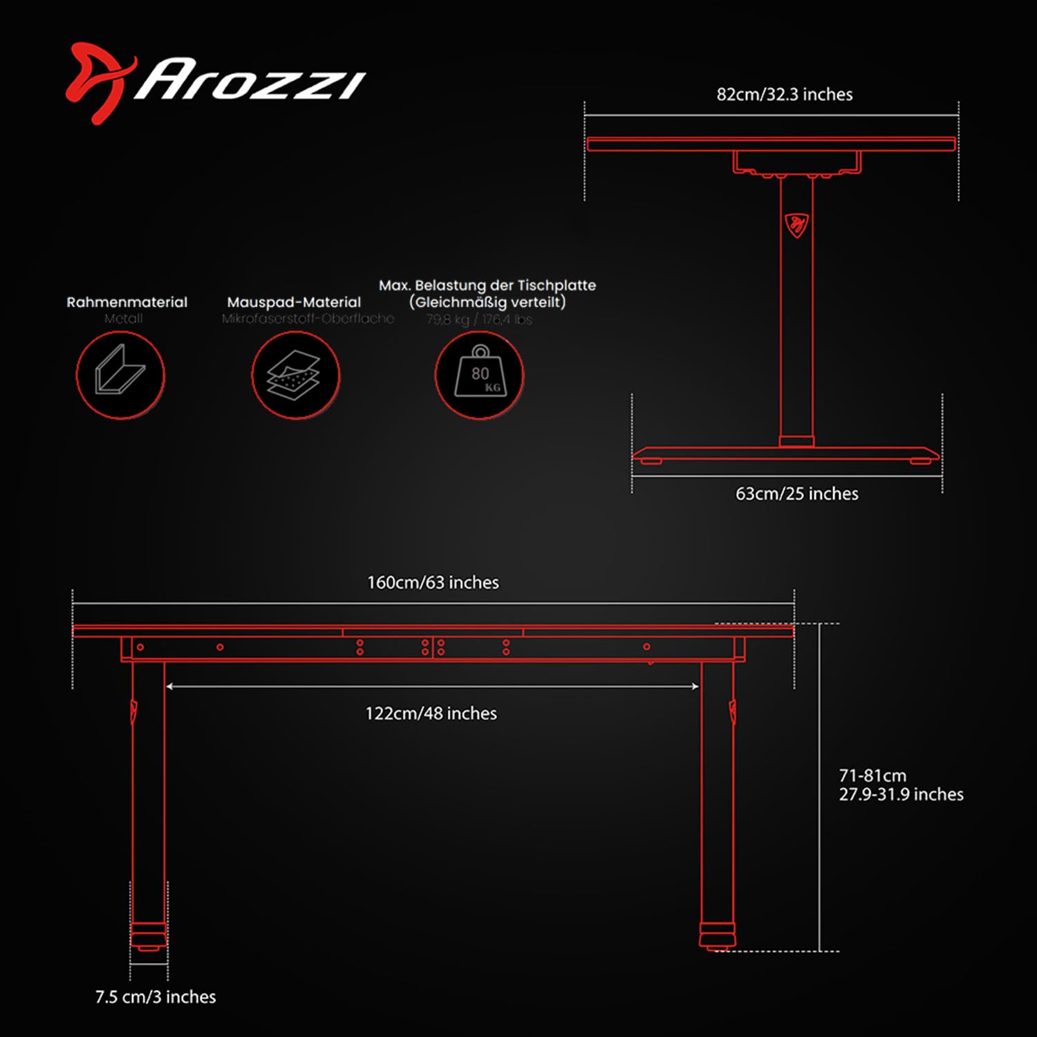 Arozzi Arena Black/Red Gaming-Tisch, 160 x 82 x 71-81 cm