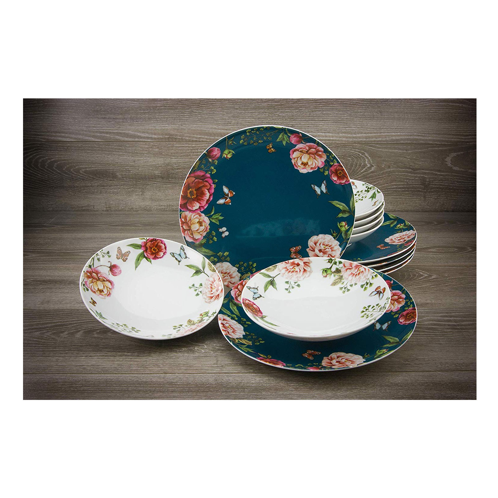 CreaTable, 22221, Serie Enjoy ROSES - Petrol + weiss, Geschirrset, Kombiservice 30 teilig