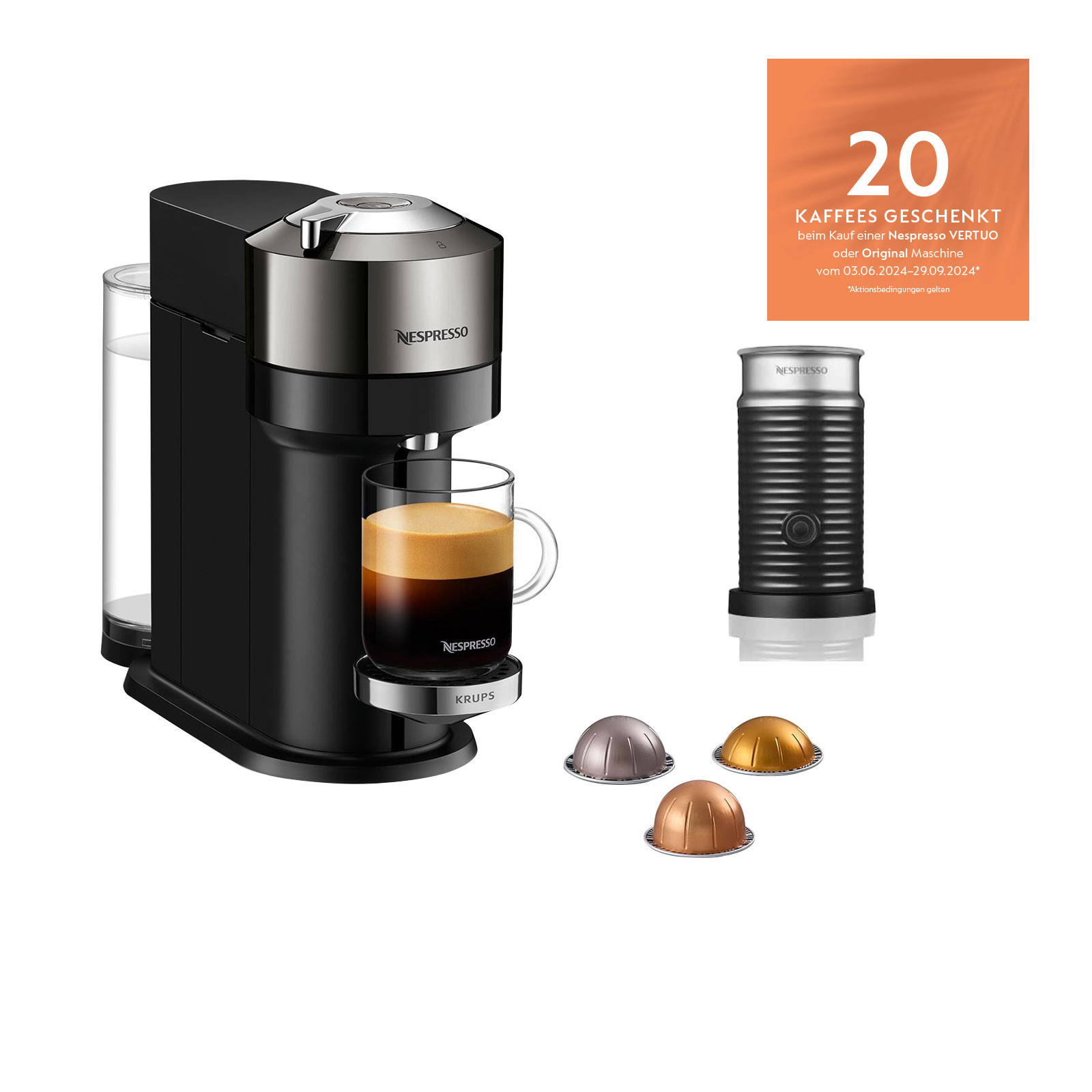 Krups XN 910C Nespresso Vertuo Next Dark Chrome + Nespresso Aeroccino 3 Milchaufschäumer